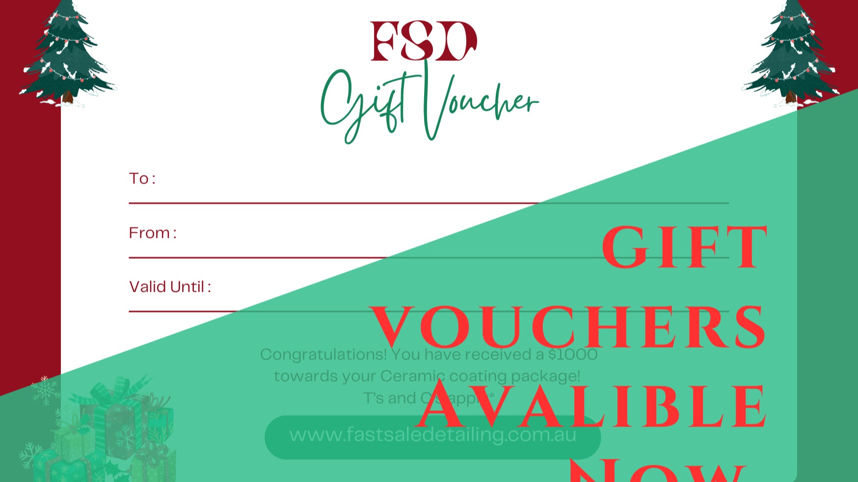 Looking for a last-minute gift idea?
Our Fast Sale Detailing Gift Vouchers come in all denominations and are a fantastic gift for anyone you love.
Customize a package, price and message for each and every certificate.
T's and C's apply. Valid for 3 years from issue date. Will require a unique code when booking. Can't be redeemed for cash.
Call us now to find out more.
www.fastsaledetailing.com.au
#gift #christmas #sydney #clean #idea #fastsaledetailing #new #car #cleancar