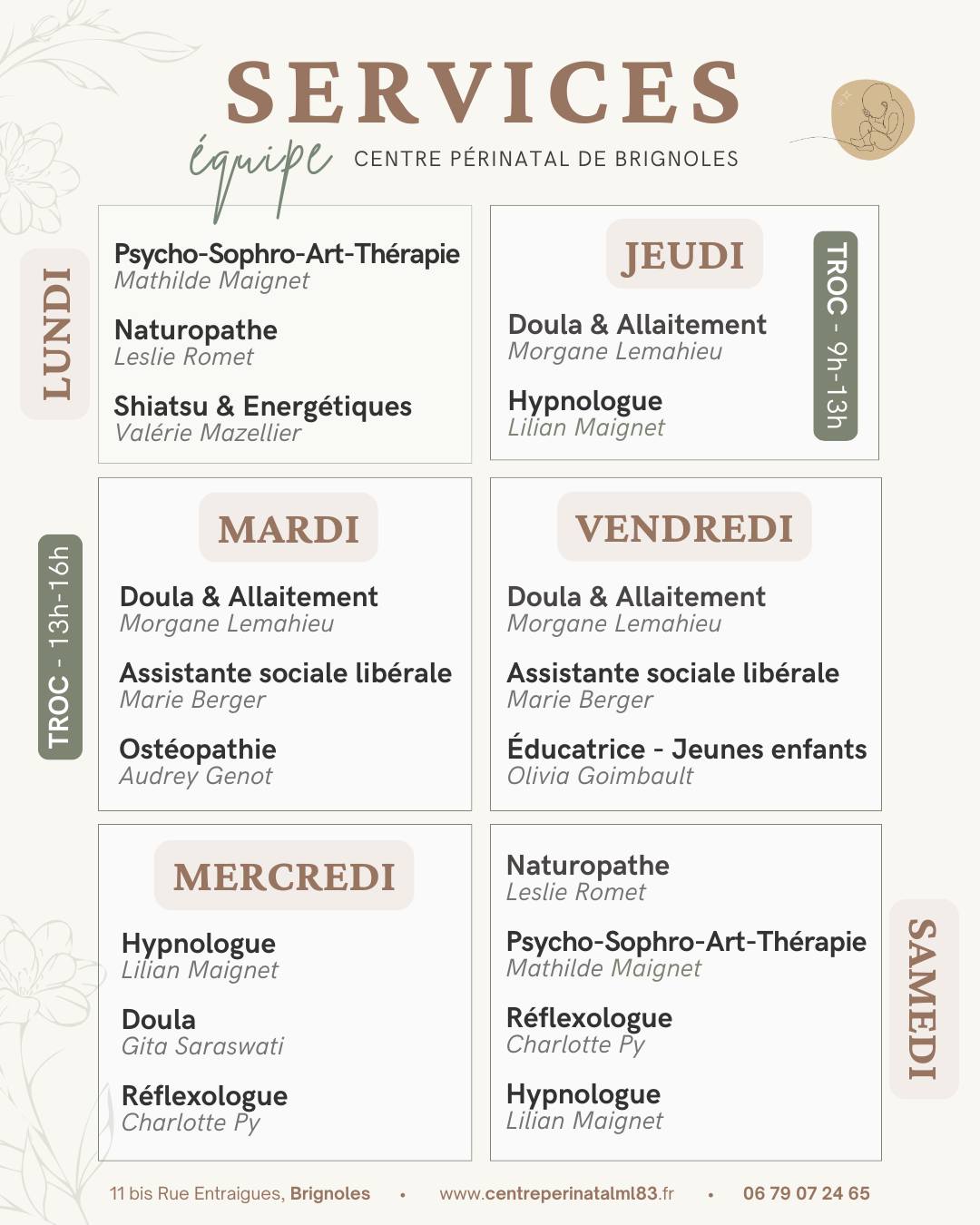 ✨ Accompagnement autour de la périnatalité et de la parentalité ✨
Au Centre Périnatal de Brignoles, une équipe pluridisciplinaire vous accueille du lundi au samedi pour répondre à vos besoins et vous soutenir dans chaque étape de votre parcours : grossesse, post-partum, allaitement, bien-être et parentalité.
💖 Doula, Ostéopathe, Art-Thérapie, Assistante sociale libérale, Réflexologue, Sophrologue, Hypnologue, Educatrice de jeunes enfants, Soins bien-être…
Chaque intervenante met son expertise à votre service dans un espace chaleureux et bienveillant.
📍 Retrouvez le planning hebdomadaire des interventions ci-dessous et prenez rendez-vous avec l’accompagnement qui vous correspond.