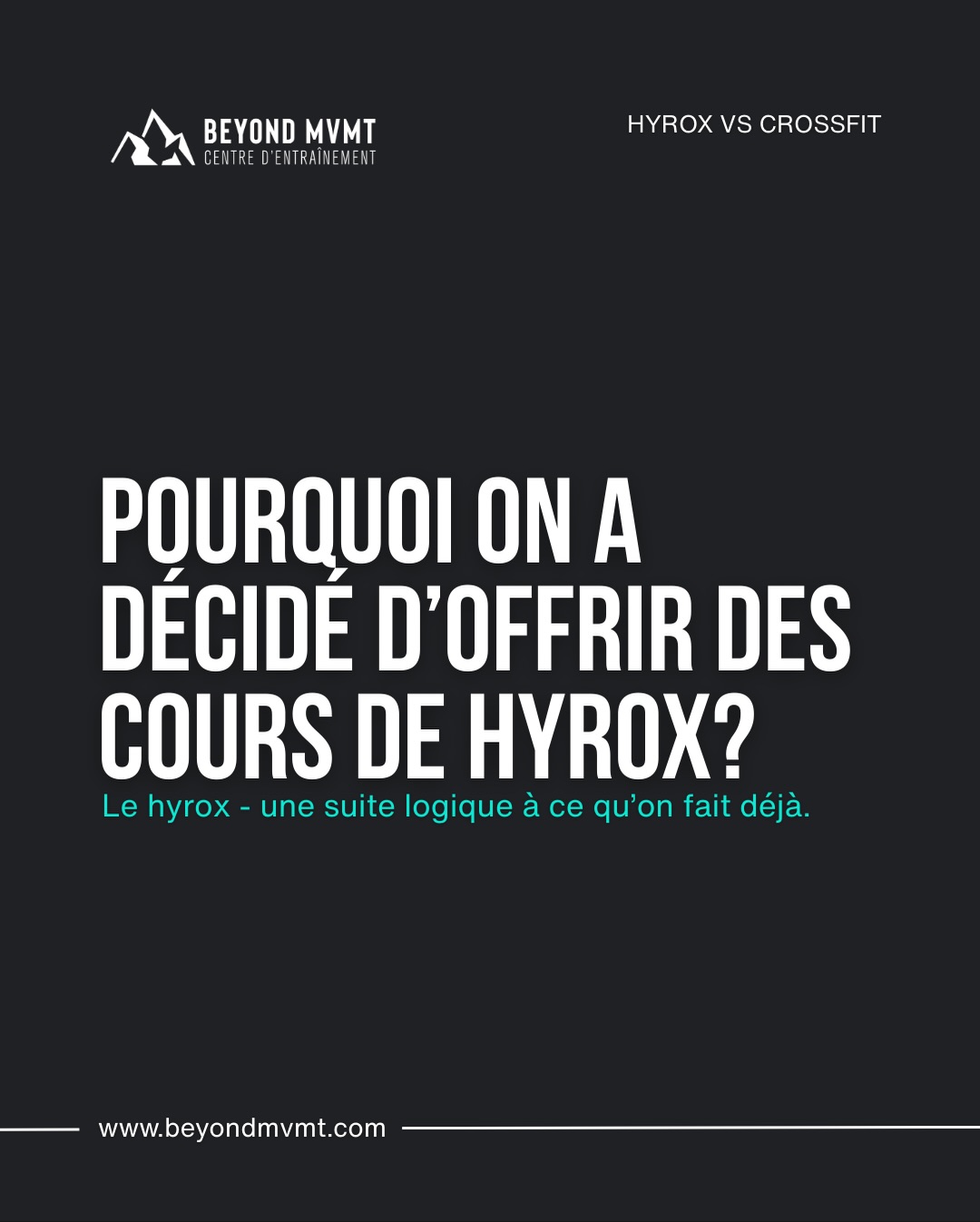 Au début, on était un peu réticent à offrir des cours de Hyrox.
On savait que le format prenait de l’ampleur, mais on était pas super équipé pour et on voulait être sûr que ça « fit » réellement avec ce qu’on fait chez Beyond.
Alors on l’a essayé… et on a compris pourquoi les gens aiment ce sport.
C’est intense, oui.
C’est un défi, oui.
Mais c’est un type d’intensité différent : musculaire, cardio et mental.
Moins technique, un effort & stimulus différent.
C’est le genre d’entraînement qui te vide, mais qui te laisse fier et où tu te sens vraiment bien après.
Bref, on a embarqué — et on va s’équiper au fil du temps pour vous offrir une expérience encore meilleure.
HYROX - lundi 19h, mercredi 12h et vendredi 8h 💪🏼