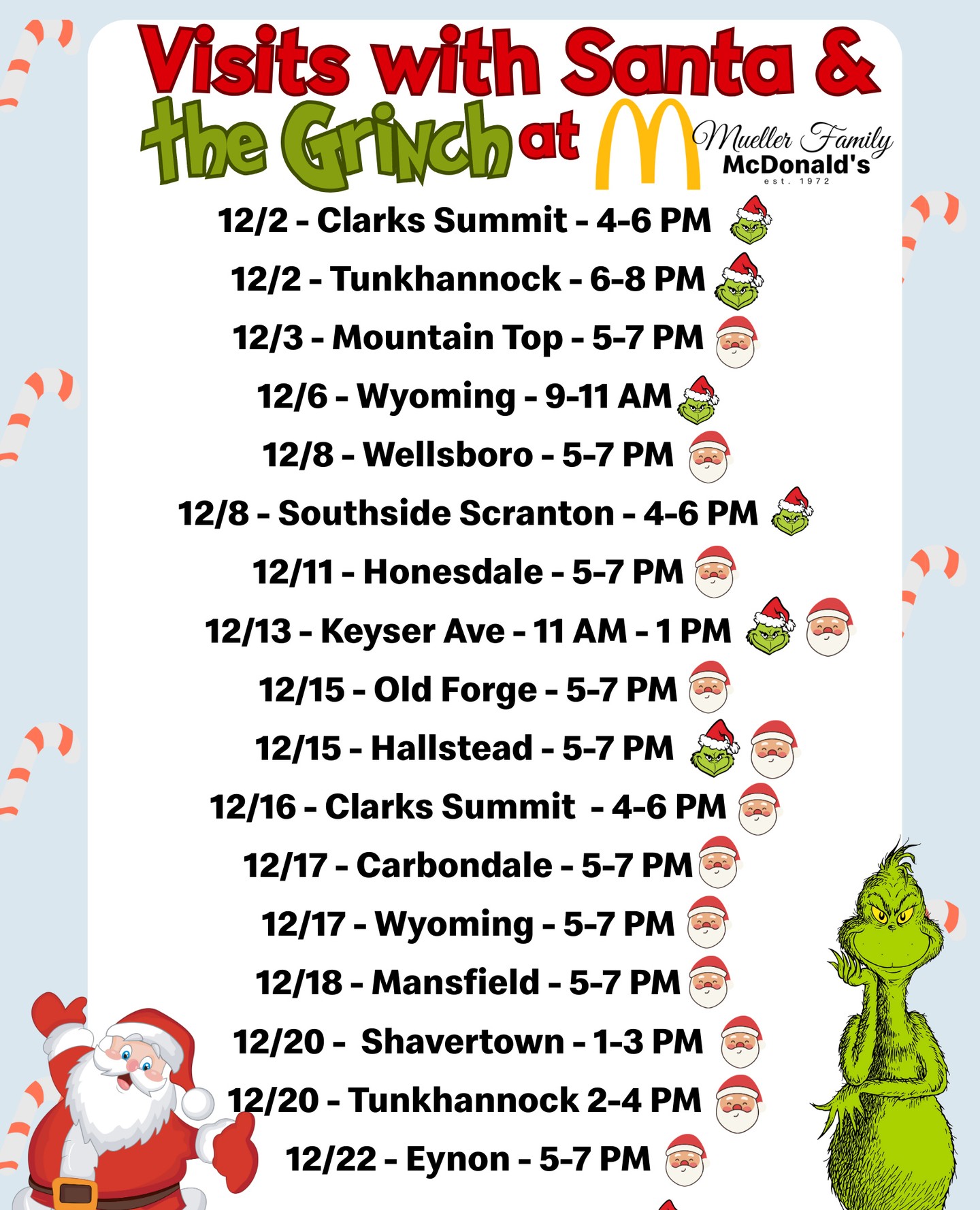 Santa and the Grinch are clocking in for their holiday shifts at a Mueller Family McDonald’s near you!🎅💚
Bring the kids, grab a $2.99 happy Meal, and come make some December magic with us! ✨
Free activities for kids + take your own photos! 📷️