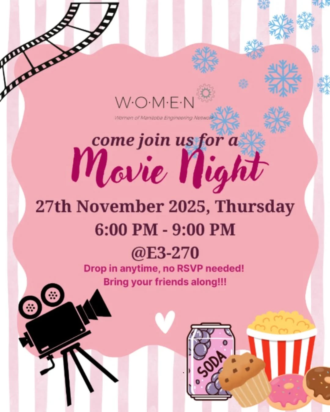 Hi everyone! WOMEN is hosting a movie night this Thursday! 🍿✨ Invite your friends and come hang out with us. Check out the poll in our story for movie options and vote for your fave! 🩷