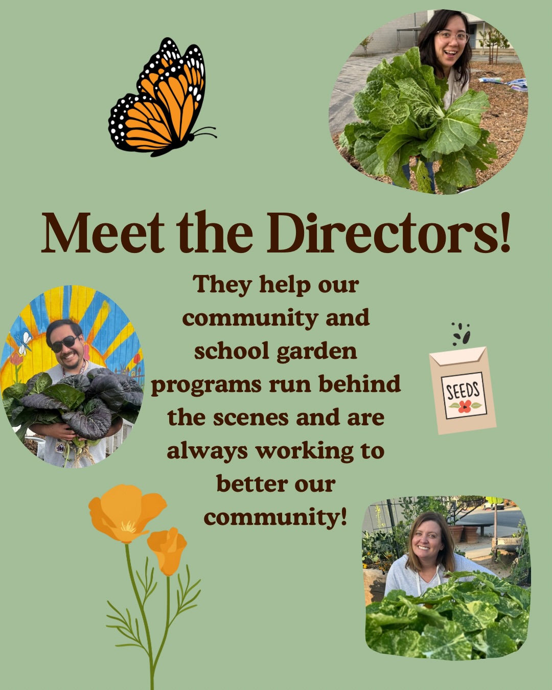 Meet our Directors! 🌿 They’re always working to create and expand garden programs in our community to promote food access and STEAM education! Their passion for our mission helps drive all the things we do, and keeps our community thriving. 🌱 Say hi to Kristin, Gio, and Rochelle in the comments!
