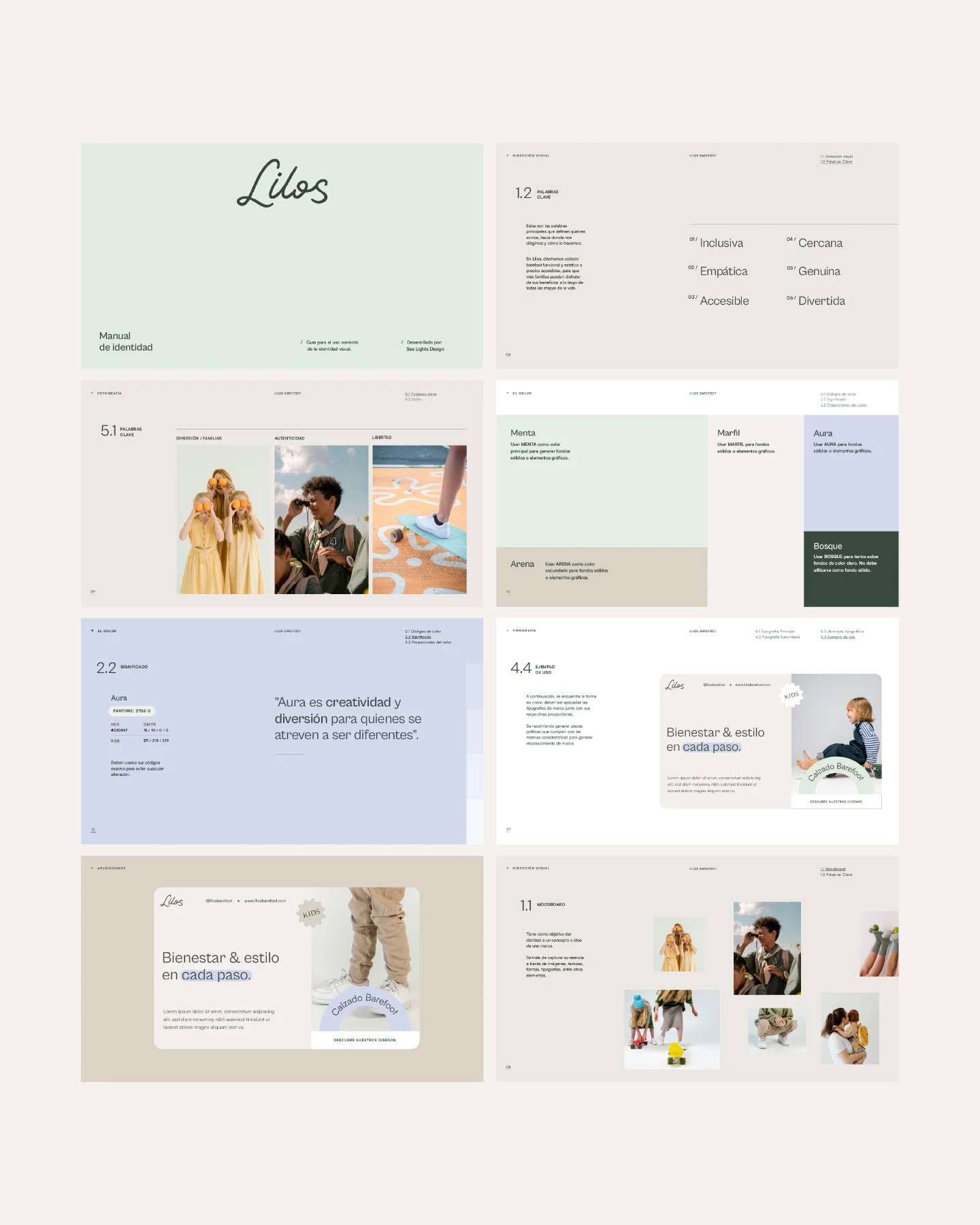 Manual de identidad para Lilos Barefoot.
Una marca que nació con un propósito claro: hacer que el calzado barefoot sea una opción accesible para más familias. Tienen un enfoque especial en los niños, pero sus diseños también acompañan a quienes buscan comodidad y libertad de movimiento en cualquier etapa.
☁️ Encuentra el proyecto completo en la web.
