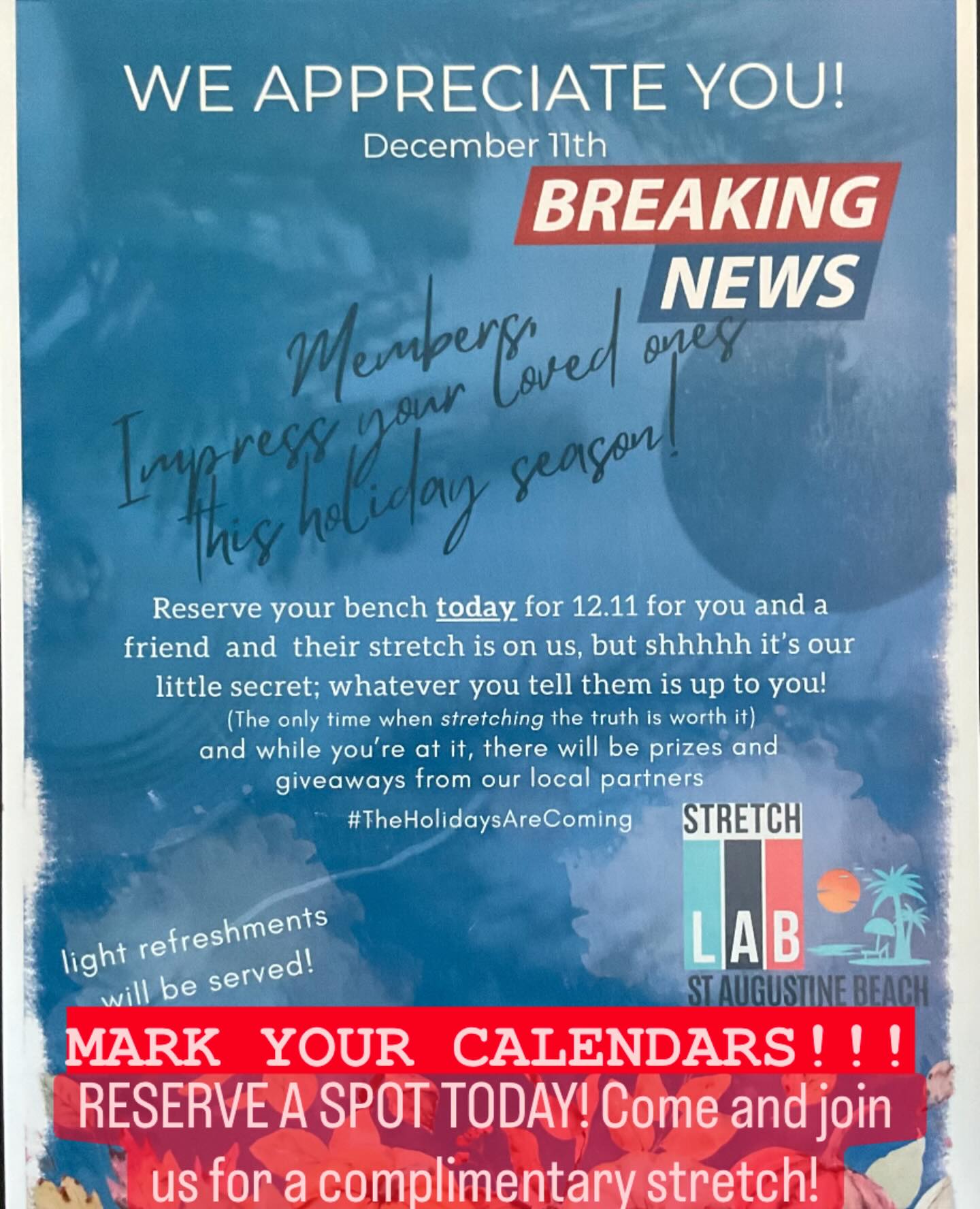 COME JOIN US DECEMBER 11th for our Member appreciation day. If you are a member, come reserve a spot now before they fill up! If you aren’t a member, come check us out and enjoy a complimentary STRETCH ON US! #StretchLab #StretchLabStAugustineBeach #StretchLabFirstCoast #FeelBetterMoveBetter #PainRelief #MuscleRecovery #AssistedStretching #StretchTherapy #MobilityMatters #ReducePain #InjuryPrevention #ActiveRecovery #StretchSession #FlexibilityTraining #StretchForLife #MobilityTraining #AthleteRecovery #WellnessEvent #StAugustineBeachEvents #BetterMovement #lowerback #posture #Stretch #stretching #feelgood #feelgreat #stretchlife #flexible #healthandwellness #functionalfitness