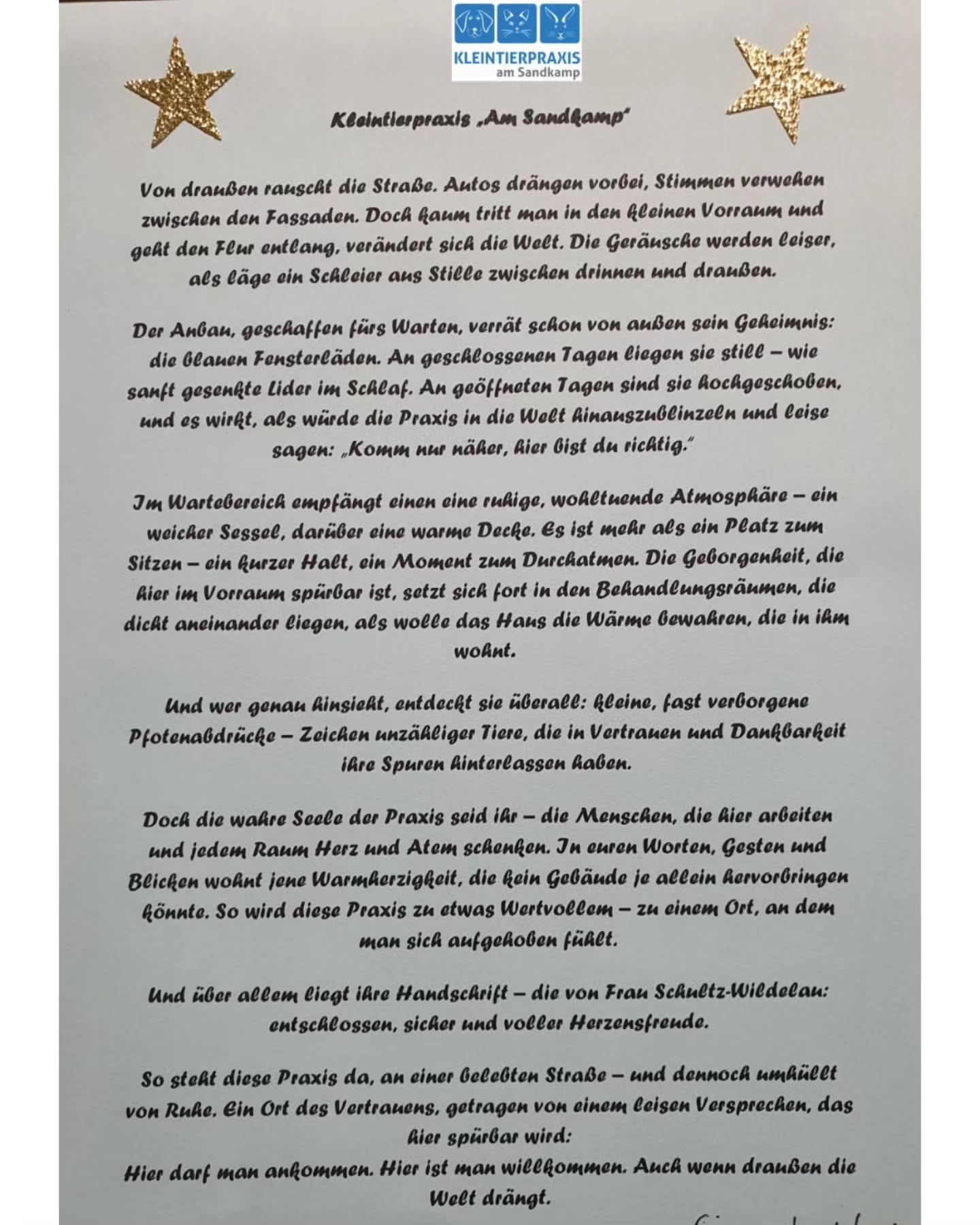 In der Weihnachtszeit erreichen uns viele kleine und größere liebe Weihnachtswünsche 🎄🎅🏻und Danke-Schöne ❤️ - wir freuen uns sehr über jeden einzelnen! Wir versuchen jeden Tag unser Bestes für unsere Patienten und ihre Besitzer zu geben und für Tier & Mensch ganz Ohr...Gehirn....und Herz zu sein ☺️
Heute erreichte uns etwas Besonderes, das uns beim Lesen Gänsehaut beschert hat🥰
Ganz lieben Dank, Frauchen von Käthe🎄🕯️🎅🏻
#liebeKunden
#Tierarzt
#Weihnachten
#Danke
#KleineGeschenke