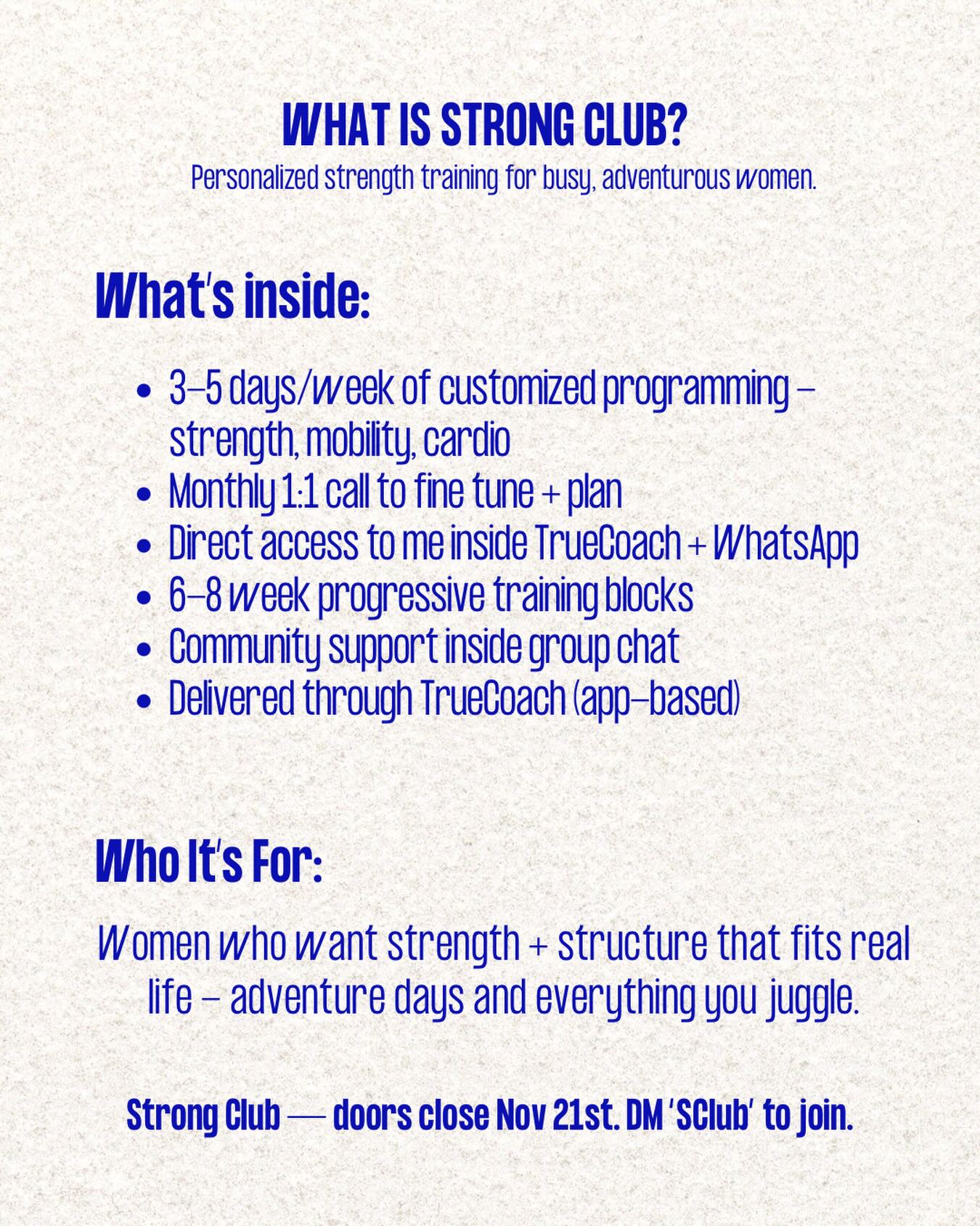 This is my signature offer — the place clients stay for years because the programming actually fits their life.
You can stay where you are.
Or you can start building strength that lasts.
Strong Club closes tomorrow.
DM “SClub” to join.