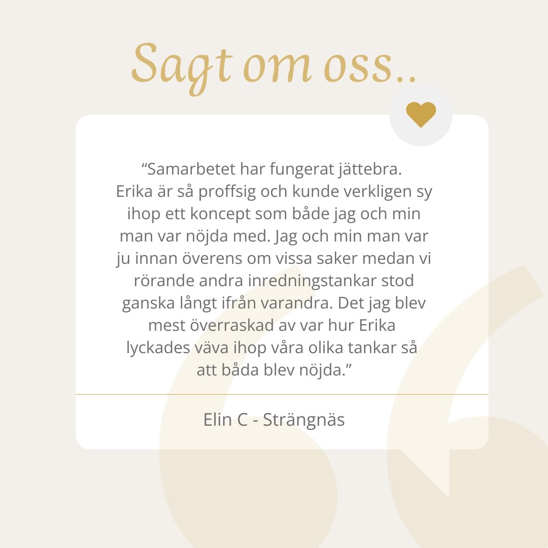 En kundrecension som gjorde oss lite extra glada 💛
Det är inte ovanligt att man som inredare möter par som har ganska olika preferenser och ärligt talat inte är överens om det önskade slutresultatet. En viktig del i arbetet är därför att ge båda två utrymme att framföra sina åsikter och att få dem att lyssna på varandras önskemål. Vårt jobb är därefter att analysera önskemålen och få ihop en helhet där 1 + 1 blir 3. Det vill säga att presentera en lösning som båda gillar, utan att för den delen kompromissa för mycket.
I just det här projektet hade paret initialt väldigt olika stil. De två olika stilarna var inte heller helt självklara för husets karaktär som även det hade ett eget uttryck. Jag kan meddela att vi rörde oss mellan alltifrån modernt, stilrent och hi-tech, till gamla möbler från de småländska skogarna, till färgstarkt och antikt, hela vägen till Carl Larsson (och några varv till). Men resultatet, det vill säga deras unika inredningskoncept, blev en stil som blev deras egen och som båda älskade! Vi jobbade tillsammans ut stilen i samtliga rum i hemmet. Ytskikten renoverades och rummen inreddes. Jag är så glad att de är nöjda och jag vet att de trivs väldigt bra i sitt nya hem 💛
#inredare #inredningshjälp #renoveragård #renoveragamlahus #inredahemma