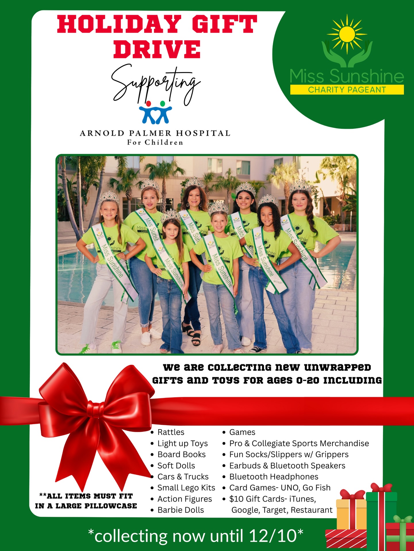 Today on Giving Tuesday, we’re asking our community to help us bring smiles to the patients at Arnold Palmer Children’s Hospital this holiday season. ❤️
For many kids and teens spending the holidays in the hospital, a single gift can bring comfort, excitement, and hope. We’re aiming to collect 200 toys, and every donation truly makes a difference.
✨ Donate 1 gift = Make 1 child feel seen and loved.
🎁 Amazon List: https://tinyurl.com/sunshinegiftdrive
All gifts will be delivered on December 13th, thanks to your generosity.
Thank you for helping us shine sunshine into their holiday season. ☀️🎄💚
#GivingTuesday #HolidayGiftDrive #CommunityLove #MakeADifference #MissSunshineCharityPageant