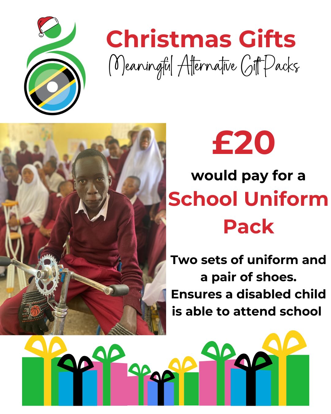 Are you struggling to find that perfect something for the person who doesn’t seem to need anything? Or maybe you’d just like to treat someone who could really use a helping hand? We’ve got two gorgeous gift packs ready to go to our beneficiaries in Tabora, Tanzania. £20 would gift two sets of uniform and a pair of shoes. £35 would pay for two washable nappies and liners which would give a disabled child confidence and dignity. Both gift packs are designed to help get physically disabled children back to school. Link in bio of you’d like to donate a gift 🎁 (or two! 😜)