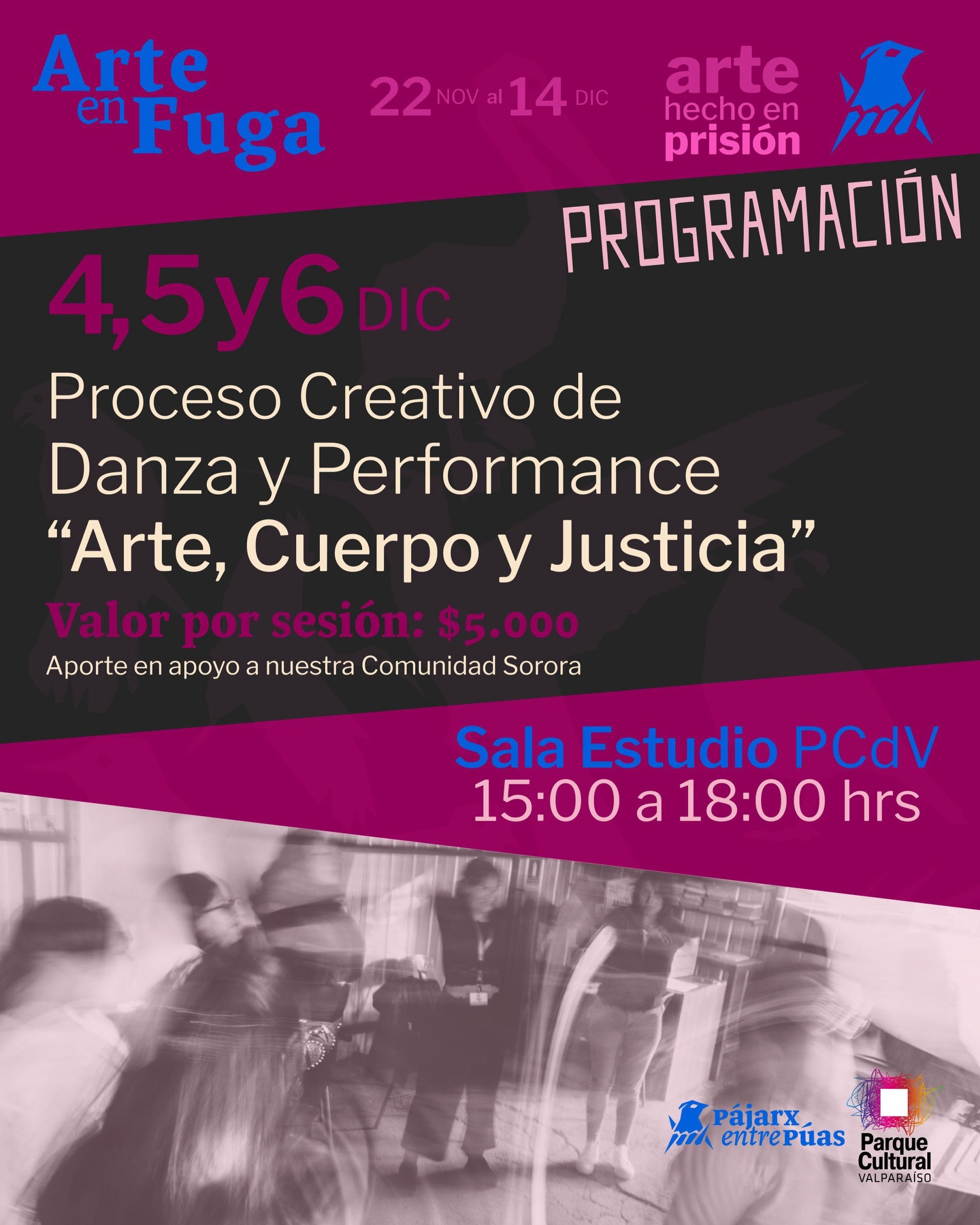 📢 CONVOCATORIA:
Arte, Cuerpo y Justicia
Laboratorio de intervención, danza y performance.
En este espacio creativo indagaremos en gestos, movimientos, composiciones e intervención en torno al concepto de justicia. Ven a expresarte y reflexionar con la Bandada 🐦⬛
📅 4, 5 y 6 de diciembre
⏰ 15:00 a 18:00
📍 Sala Estudio, Ex Cárcel
Aporte: $5.000 por sesión en beneficio a nuestra Comunidad Sorora
¡Dudas e inscripciones por DM!
⚠️ Atención: Intervención en espacio público el 06 de diciembre a las 18:00.
#Arte #Cuerpo #Justicia #Taller #Danza #Performance #ComunidadSorora #ExCárcel