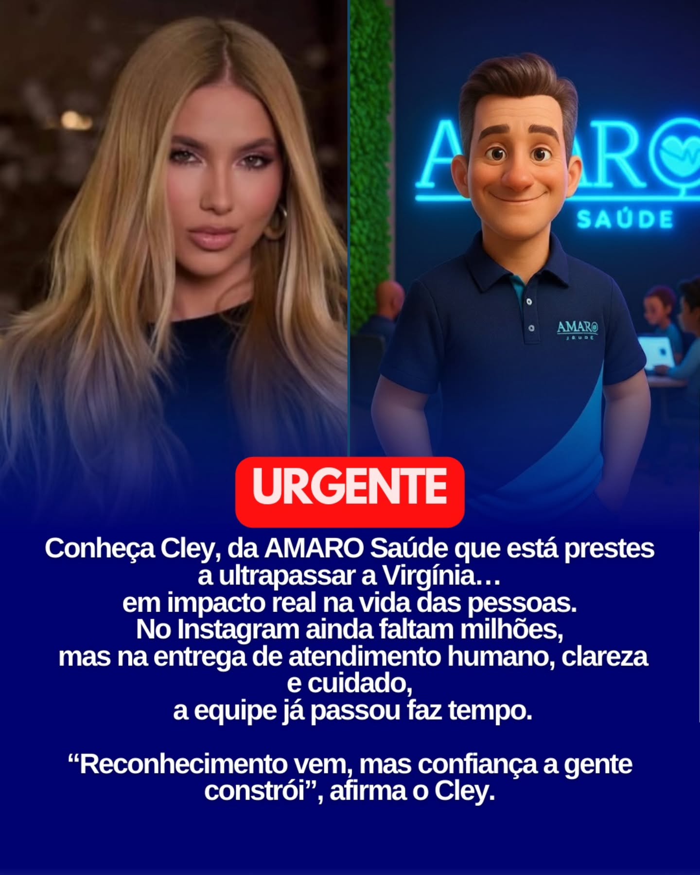 Conheça Cley e a equipe da AMARO Saúde, que vêm transformando a forma de oferecer atendimento humano, clareza e cuidado de verdade.
Com propósito e um time dedicado, a AMARO cresce forte — e agora está “quase” ultrapassando a Virgínia! 😱✨
Faltam apenas 53.697.694 seguidores (mas, no impacto real, eles já passaram faz tempo).
“Reconhecimento vem, mas confiança a gente constrói”, afirma o Cley.
E para quem espera o próximo conteúdo…
✨ Aguarde. Logo vocês verão o Cley novamente. ✨
Siga @amarosaude 💙❤️
#AmaroSaúde #trendviral #saudehumanizada