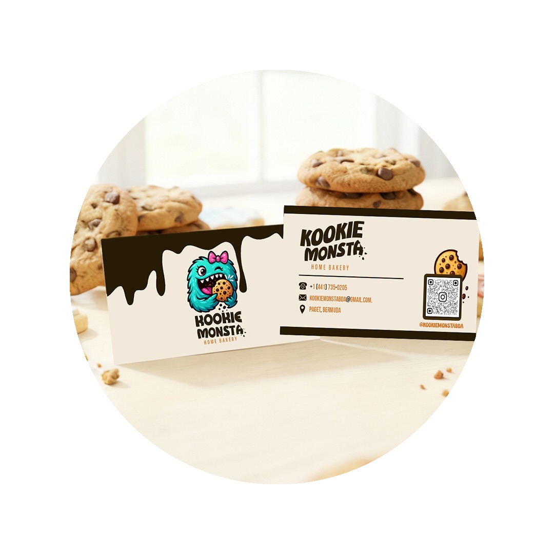 Business card and logo design created for @kookiemonstabda. Contact us to discover how we can help your brand build a polished and memorable visual identity.🍪🎀✨