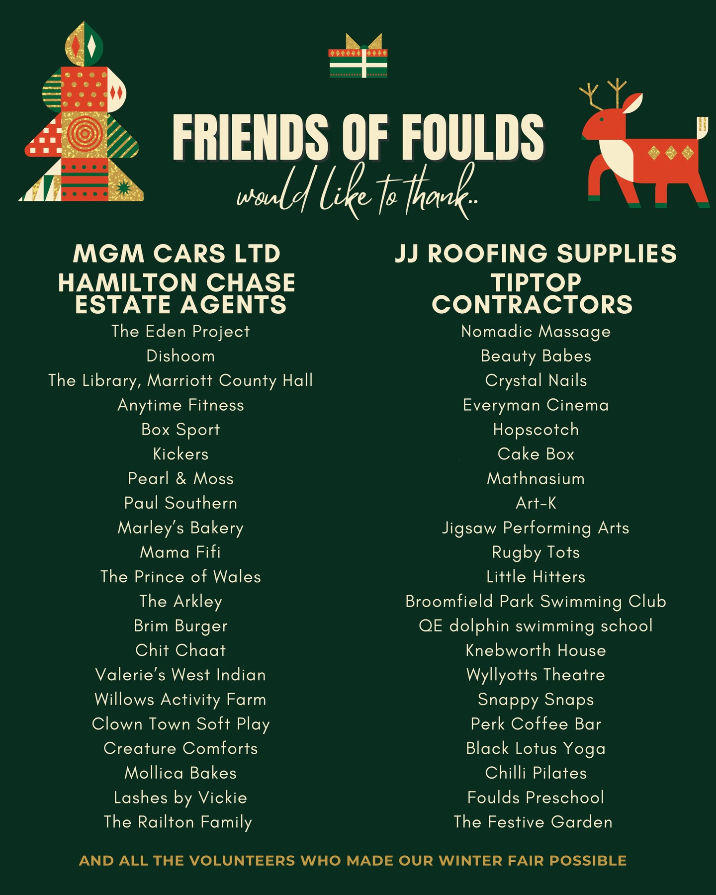 Merry Christmas from all of us at Friends of Foulds! 🎄
This year has been filled with generosity, teamwork, and community spirit - and we want to say a massive thank you to our sponsors and everyone who gave their time, resources, and support.
Your kindness makes a real difference for our children 💫
Wishing you a lovely Christmas and a bright New Year.