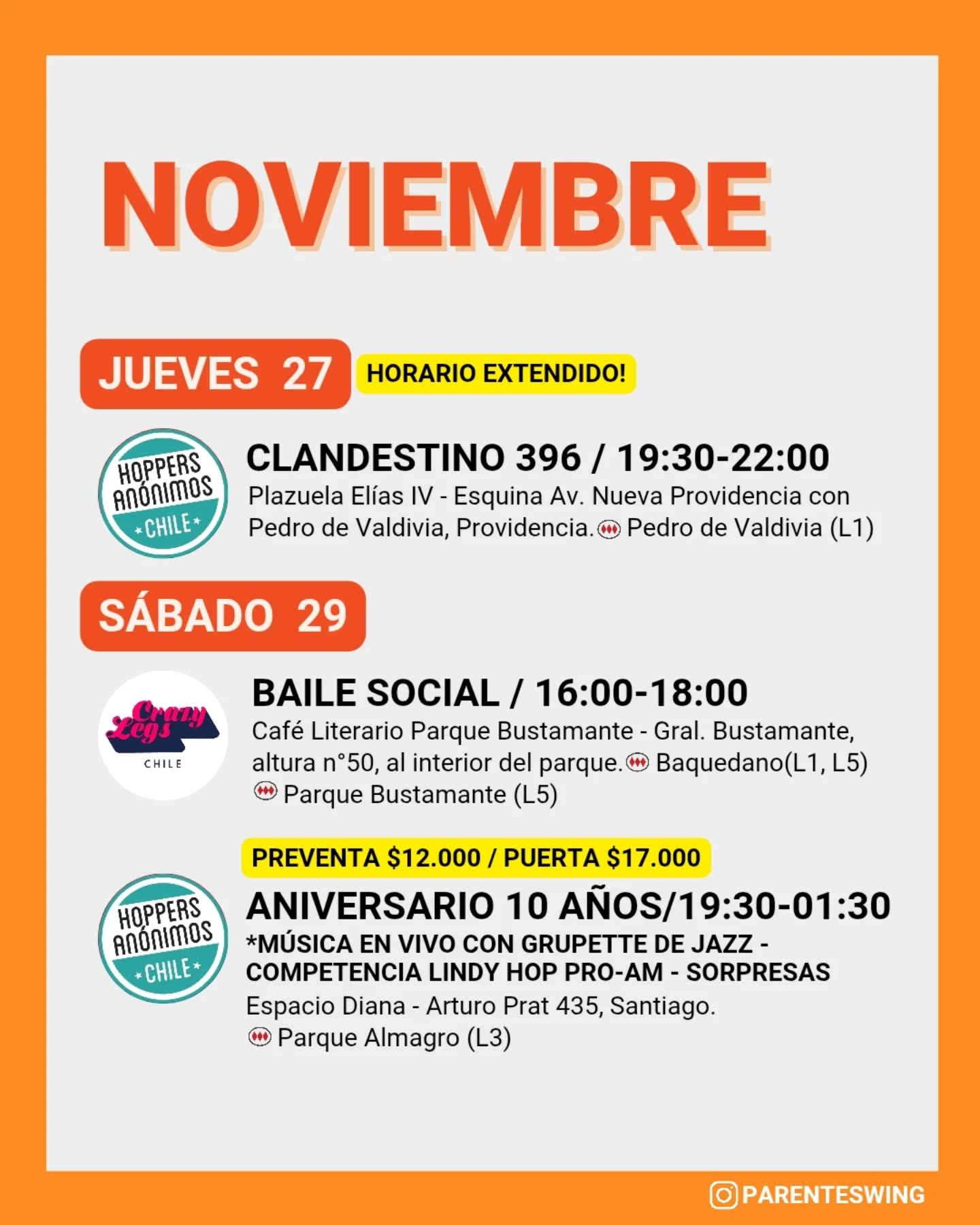 ✨Todos los eventos son gratuitos y abiertos a todo público, a menos que se indique valor de entrada 💸
‼️Cualquier modificación o nuevo evento en los comentarios👇🏻 y/o por historias 👆🏻
🤔 Qué es una Jam, Clandestino o Baile Social?
Una instancia donde fanáticos de los bailes swing (Lindy hop, Balboa, Shag, Solo jazz) se reunen a compartir, hacer comunidad y a la vez, practicar.
❌ Las actividades publicadas NO son instancias de clases para aprender a bailar, a menos que se indique “Taller” o “Clase Abierta”.
👀 Quieres aprender a bailar?
En nuestra historia destacada “CLASES” está toda la información y formularios de inscripción a los cursos del mes de las escuelas de bailes swing ✨
Nos vemos en la pista! 💃🏻🕺🏻🔥
#danzachile #lindyhopchile #swingchile #bailechile #eventoschile #danzasantiago #santiagodechile #panoramasgratis #swingdancechile #swingdancingchile #lindyhopperschile #panoramasgratis #panoramagratis #santiago