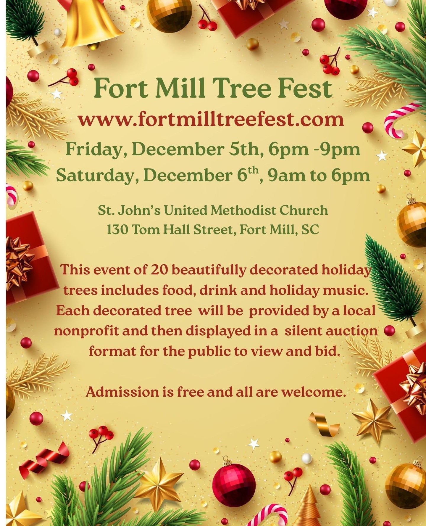 🎄✨ Fort Mill Tree Fest is Almost Here! ✨🎄
Mark your calendars for one of Fort Mill’s most festive community events of the season!
Join us at St. John’s United Methodist Church on:
📅 Friday, December 5th, 6–9pm
📅 Saturday, December 6th, 9am–6pm
Come enjoy 20 beautifully decorated holiday trees, each created by a local nonprofit and displayed in a silent-auction format for you to view and bid on. There will be food, drinks, holiday music, and plenty of Christmas cheer!
✨ Admission is free, and everyone is welcome.
Bring your family, bring your friends, and come experience the magic of the season at the Fort Mill Tree Fest!
More info at fortmilltreefest.com