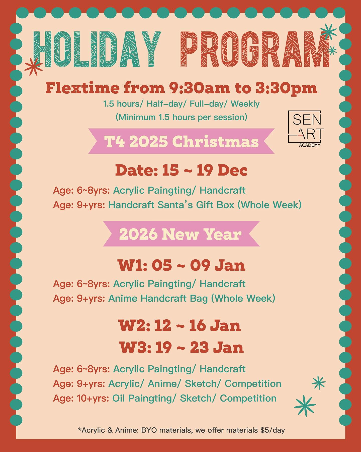 T4 2025 Christmas & 2026 New Year
Holiday Program🎄
Let creativity shine this holiday season!
Take home your one-of-a-kind holiday masterpiece!
🎨🎨🎨
LEARN ART, SEN ART.
(all the drawings and paintings show on our ins are create by our art tutor or student)
#holiday Program#auckland #artnewzeland #art #artstudy #artstudio#artworld #artauckland #artist #artclass #artcourse #artistsoninstagram #artnz #nzart #artteaching #artwork #artstudent#artacademy #artstudio #auckland #artstudent#studentwork #artist #artlover