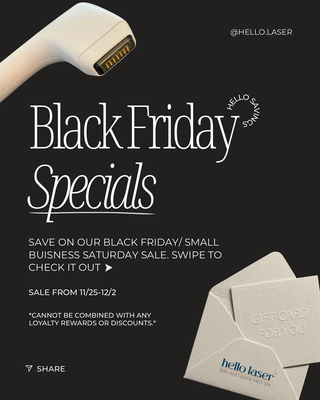 The biggest glow sale of the year is HERE ✨
Black Friday + Small Biz Saturday at Hello Laser
Nov 25 – Dec 2
🎁 20% off gift cards $150+
💎 25% off aesthetics + body sculpting (includes sofwave)
No limits 💫
Shop your way - online, over the phone, or in person.
Aesthetic + body sculpting purchases available in person or by phone.
Cannot be combined with other offers. 🔗 click the link in bio to purchase gift cards online!