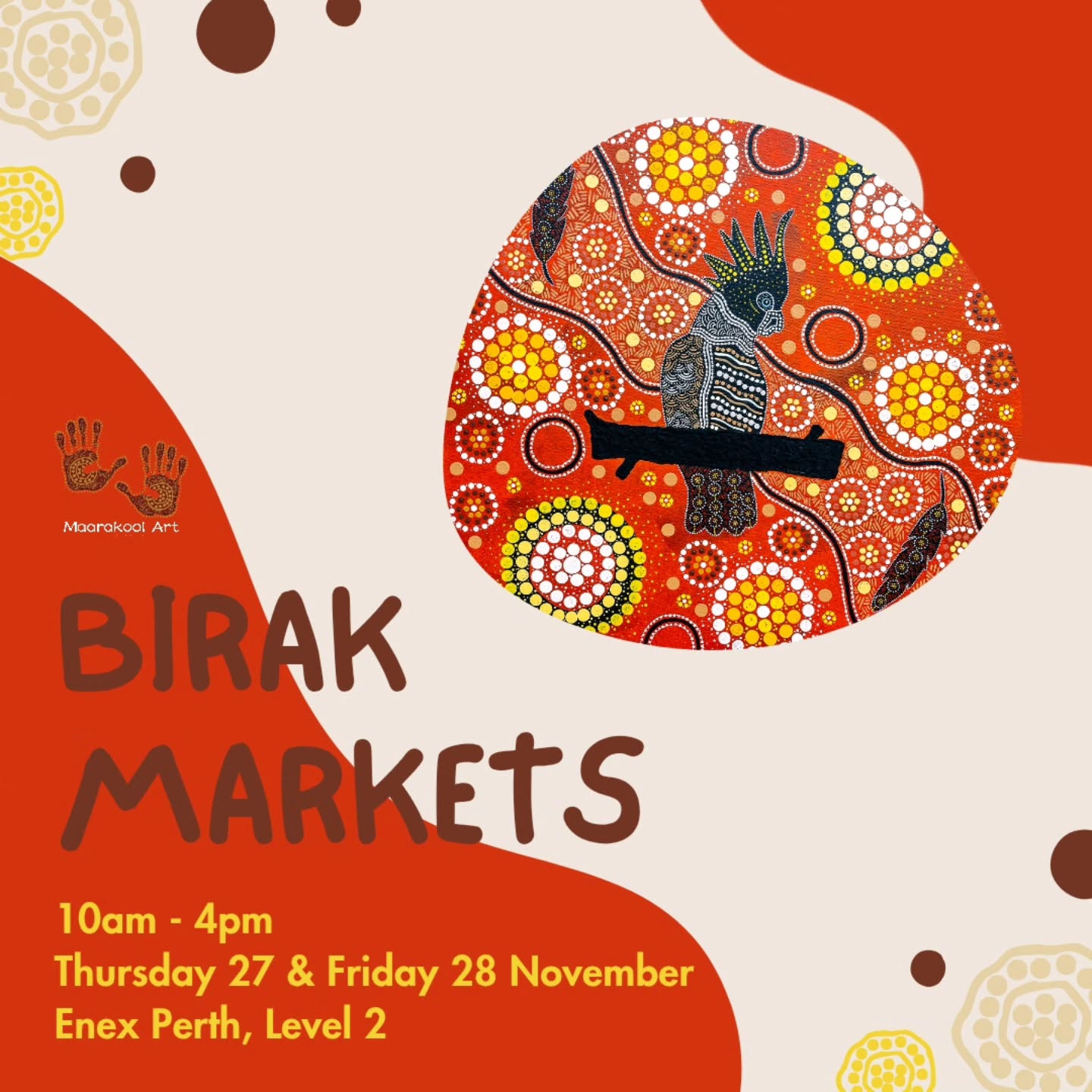 Come see us at the Birak Markets! π§‘π
π
Thursday 27 & Friday 28 November
π Enex Perth, Level 2
π 10amβ4pm
Proudly supported by @south_32, Maarakool Art will be showcasing a range of canvas art, wood products, clothing, teaware & more.
Perfect time for Christmas shopping - with Black Friday savings up to 60% off! ππΏ