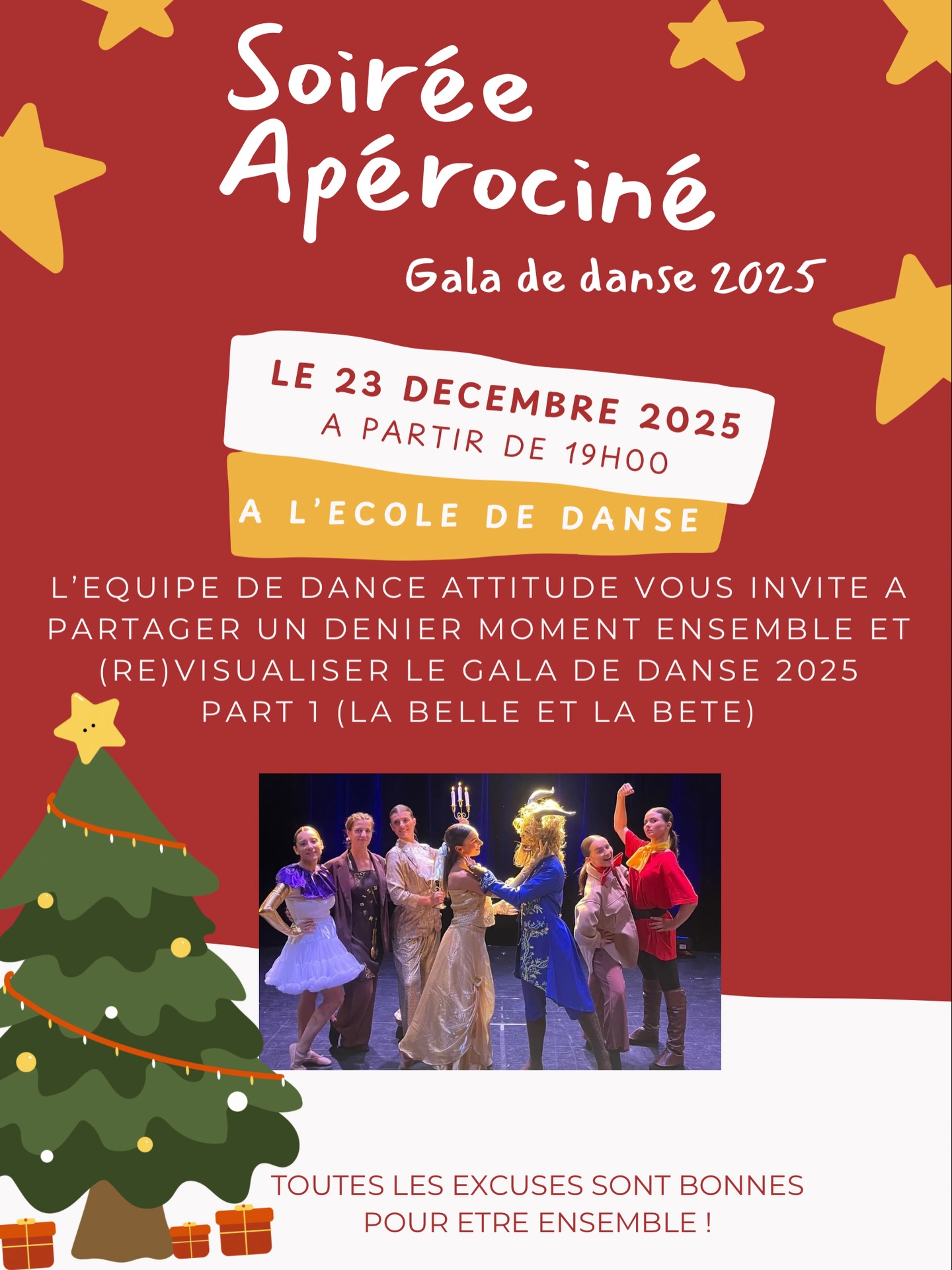 ✨Un dernier moment ensemble avant d’accueillir 2026
Pour ouvrir le bal des fêtes de fin d’année l’équipe de Dance Attitude souhaite partager une soirée avec vous autour d’un apéritif chaleureux et visionner ou revisionner des moments passés ensemble.
Le choix s’est porté sur notre conte de fée de l’année dernière, la belle et la bête 🥀
Alors ouvre ton agenda et on se retrouve mardi 23 Décembre à partir de 19h00 à l’école de danse ✨
🌹✨💝👑