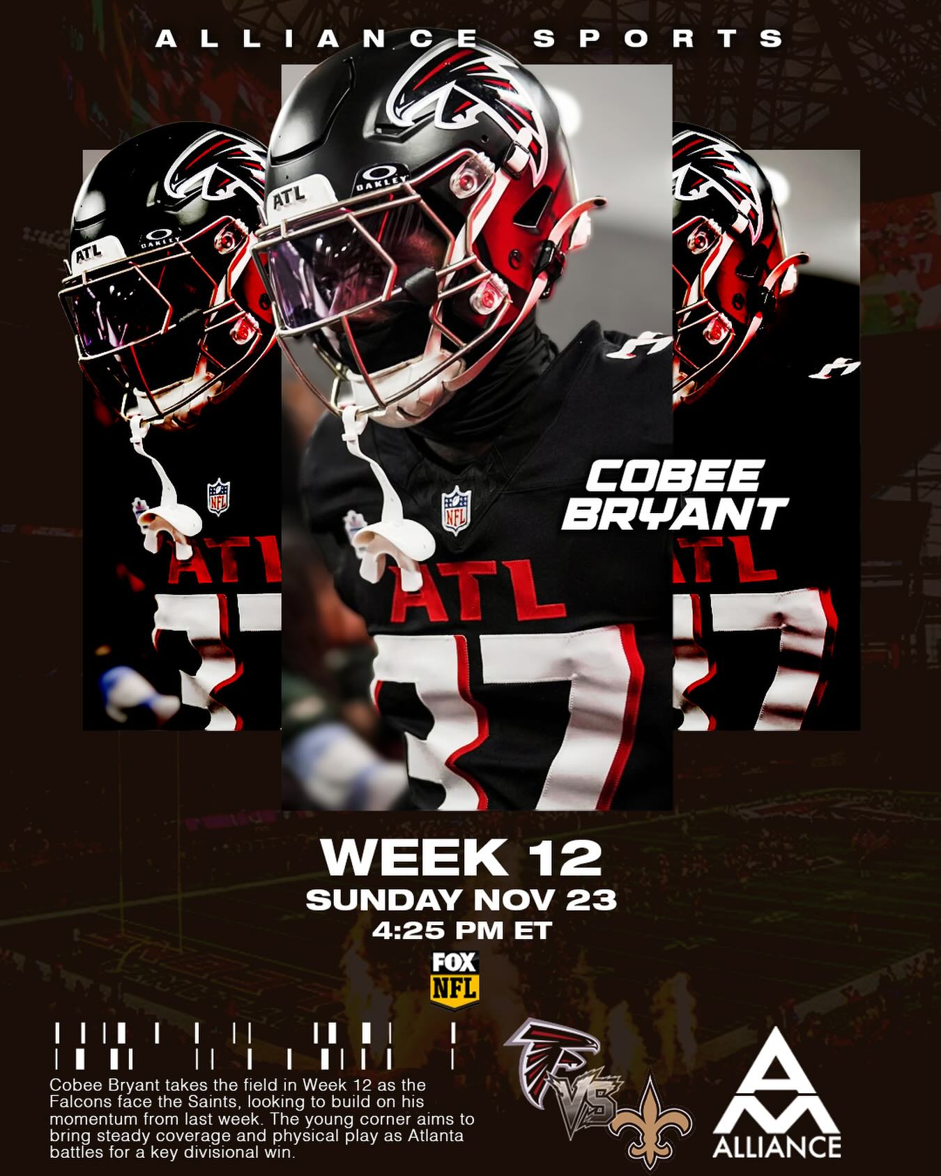 @cobeebryant2 looks to build on last week’s momentum as the Falcons face the Saints in Week 12 🔥