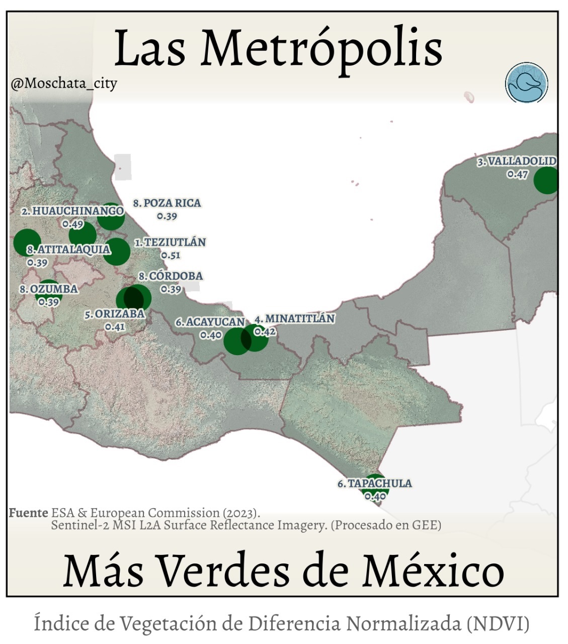 Las ciudades más verdes 🌳 de México 🇲🇽
El NDVI es un indicador que se calcula a partir de imágenes satelitales Sentinel-2 y que mide la intensidad de la vegetación usando la luz que reflejan las plantas. Valores más altos significan mayor actividad fotosintética, lo que en términos simples podemos interpretar como mayor “verdosidad” del territorio.
Es importante distinguir entre dos cosas: la verdosidad general de una zona metropolitana y el arbolado en las calles. Aunque en el centro de las ciudades el NDVI puede ayudar a identificar áreas con arboles urbanos, en cuanto uno se aleja a zonas más periurbanas el índice deja de hablar de calles arboladas y empieza a capturar la vegetación natural, cultivos, pastos y laderas cercanas. Por eso una ciudad puede tener avenidas casi sin arboles y aun así mostrar un NDVI muy alto a nivel metropolitano.
Un ejemplo claro son las ciudades asentadas en sistemas de barrancas o cañadas. En lugares como #cuernavaca o #teziutlan, las laderas verdes, la humedad constante y la topografia generan corredores naturales de vegetacion que elevan muchísimo el promedio. Por eso no sorprende que #teziutlan aparezca entre las zonas mas “verdes” del pais pese a que sus calles no tengan un arbolado especialmente destacado.
Algo similar ocurre con muchas ciudades del sur. En regiones como Chiapas, Oaxaca o la Sierra Norte de Puebla, la vegetación es abundante durante todo el año y las zonas urbanas suelen ocupar un porcentaje pequeño del territorio total. La periferia, que es donde se concentra la mayor parte de la verdosidad, pesa más en el cálculo. No es casualidad que el top esté dominado por ciudades relativamente pequeñas como
El NDVI no mide “arboles en la calle”, sino la vitalidad vegetal del territorio. Entender esta diferencia ayuda a interpretar por qué algunas ciudades aparentemente áridas a nivel urbano tienen un promedio bajo, mientras que otras con poca sombra en banquetas aparecen sorprendentemente altas en este tipo de análisis.
Si te interesa un análisis espacial profesional para tu empresa o municipio, contáctame en Moschata Analytics.