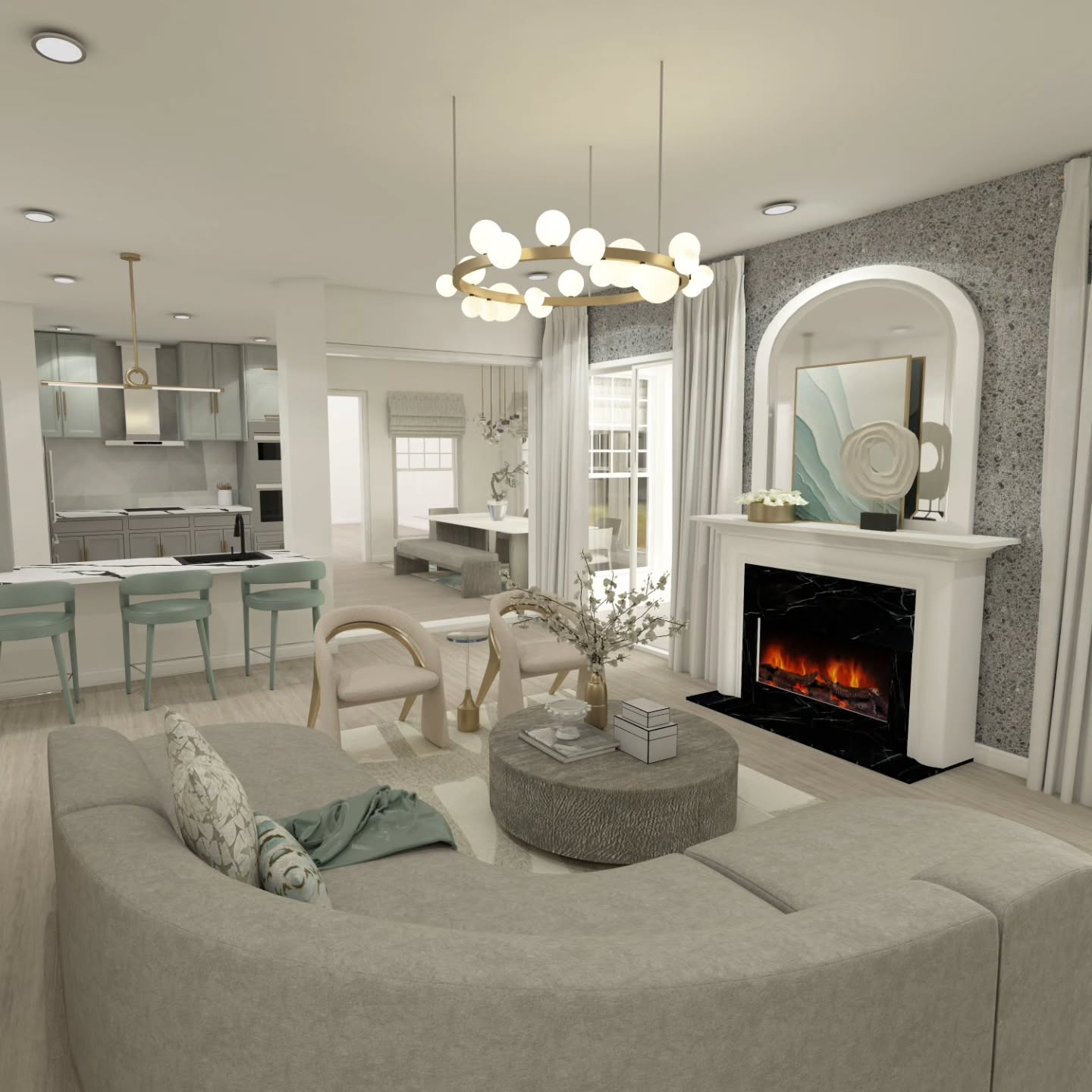 Owner didn't care for the grey speckled wall that was permanent along with the black marble fireplace. This render was to show the client the room could still look airy, soft, and high end despite the details she didn't like.
Www.bellanoiredecor.com