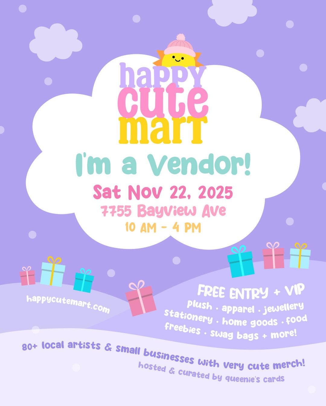 TOMORROW! ☀️😃 @happycutemart is FREE and features over 80 amazingly talented artists and small businesses under one roof! There will be stationery, jewellery, pins, apparel, plush, toys, home goods, food, exclusives, giveaways and so much more!
Spread the word and continue to encourage your family & friends to shop local! All of us creatives really appreciate your support 🫶 See you soon!
☀️ 2025 Holiday happy cute mart ❄️
😊 80+ Exhibitors
🎟️ FREE ENTRY + VIP
🗓️ Sat, Nov 22
🕙 10 AM - 4 PM
📍 7755 Bayview Ave, Markham
♿️ Accessible Venue + Washrooms
🅿️ Free Parking
🆓 Swag Bags + Giveaways!
The 2025 Holiday #happycutemart is organized by @queeniescards and is sponsored by @arcasian__ & @thelittlestgiftboutique ✨
#markhamevents #whatshappeningmarkham #whatshappeninginmarkham #thornhillevents #thingstodoinmarkham #thornhillcommunity #thornhillcommunitycentre #visitmarkham #queeniescards #2025event #2025events #holidaymarket #holidayshoppingevent #markhammarket #freeeventsmarkham