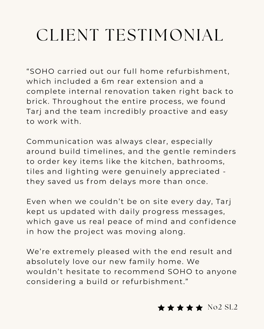 A 6m rear extension and full home refurbishment delivered with proactive communication, daily updates and a smooth, transparent build from start to finish.
Nothing matters more than clients feeling supported and we’re proud to hand over a beautiful family home.
SOHO Developments | High-end residential extensions, loft conversions & full refurbishments