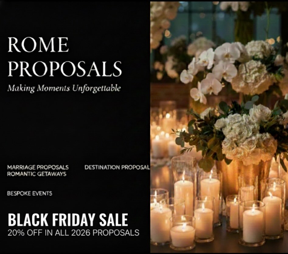 Black Friday, but make it romantic.
20% off all 2026 proposals — for couples who want a moment that feels cinematic, curated, unforgettable.
Secure your date and let us craft the “yes” of your dreams.
Book now. #romeproposal #proposalinrome #proposalplannerinrome #proposalsideas #proposalsinspo