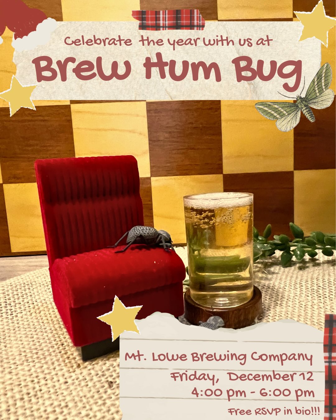 Join us for Brew Hum Bug as we celebrate another year of community and garden learning! Enjoy light refreshments, build your own pollinator kit to take home, and get an up-close look at some cool bugs!
📅 Friday, Dec 12, 2025
⏱️ 4:00 PM – 6:00 PM
📍 Mt. Lowe Brewing Company
150 E St Joseph St, Arcadia, CA 91006
🔗 RSVP in bio!