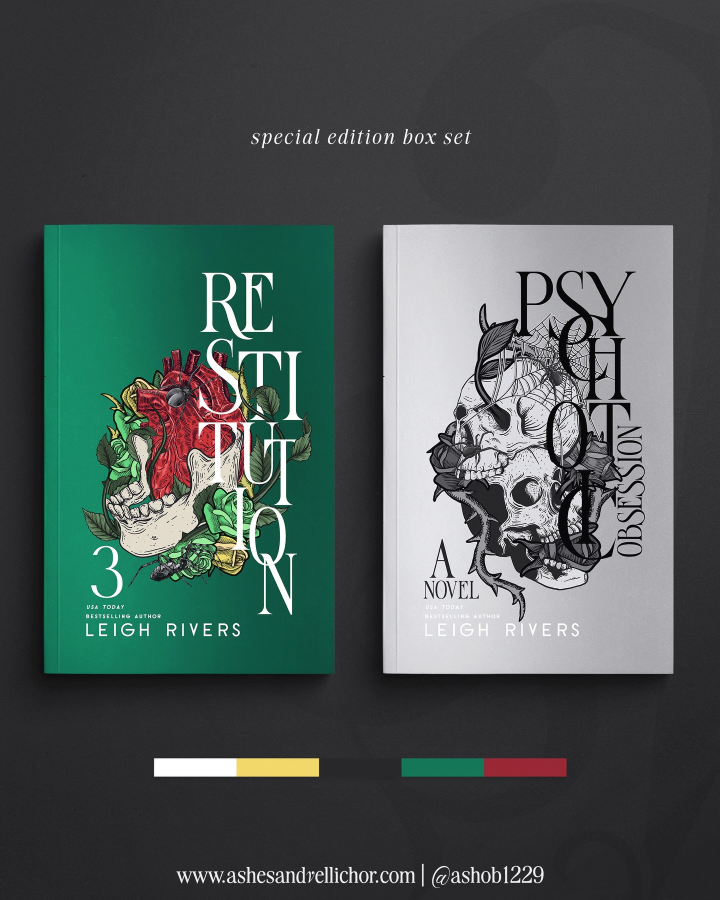 POST 2/2
Immensely proud of this special edition set of The Edge of Darkness for @authorleighrivers .
This Collection Features:
-A Slipcase Box Set with custom designs on each side and vintage style spines incase you’d like to keep the books in the box for your shelf display.
-New Special Edition Hardcover Designs
-White and Black Gloss Foiling through out
-Coordinating Spine Designs and Back Cover Quotes
-Custom Page Edges with Matching Endpaper Designs
The many tiny details such as Psychotic Obsession retaining the black and white flipped aesthetic. Each aspect of the collection was created with intention that I hope the readers love as much as I do.
As always, Thanks Leigh for the copious voice messages and excitement over my creative chaos and ideas.
#Ashesandvellichor #ashesandvellichordesigns #bookcoverdesigns #freelancedesigner #graphicdesigner #bookdesigner #Typography #romanceauthors