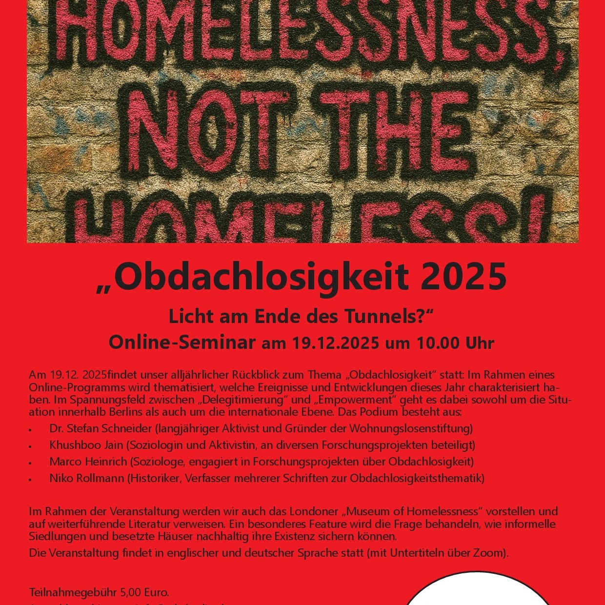 Online-Seminar
19.12.2025 von 10.00 - 13.15 Uhr
Anmeldung unter info@rth-berlin.de
oder www.rth-berlin.de
#rthberlin #obdachlosigkeitbekämpfen #obdachlosenhilfe #soziales #onlineseminar