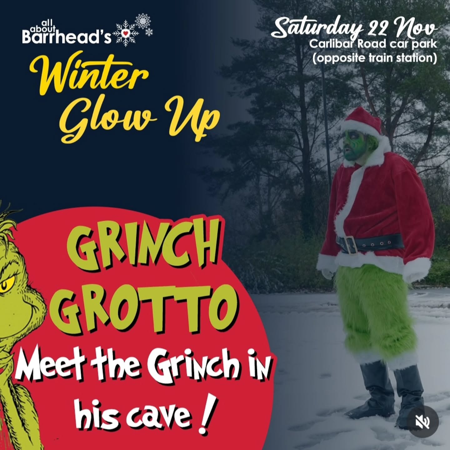 Guess who is creeping into Barrhead this Christmas...
The Grinch is back and he has claimed his very own grotto at our Winter Glow Up!
Expect mischief grumpy Christmas complaints and plenty of cheeky moments while he lurks in his cave waitina to meet you!
He will be in his cave from 12 to 2 and again from 3 to 5, so come along if you dare. He might pretend to hate the attention. but we all know he loves it really
Saturday 22nd November D Winter Glow Up 12pm to 6pm
◦ Carlibar Road Car Park, opposite Barrhead Train Station, G78 1AA
🦸♂️Free Face Painting
🎄 Christmas markets
🎅Santa's Grotta
Grinch Grotto
🎡Funfair rides
🎠Live entertainment
🕺Artie's Singing Kettle
💃Lli- Music Headliner