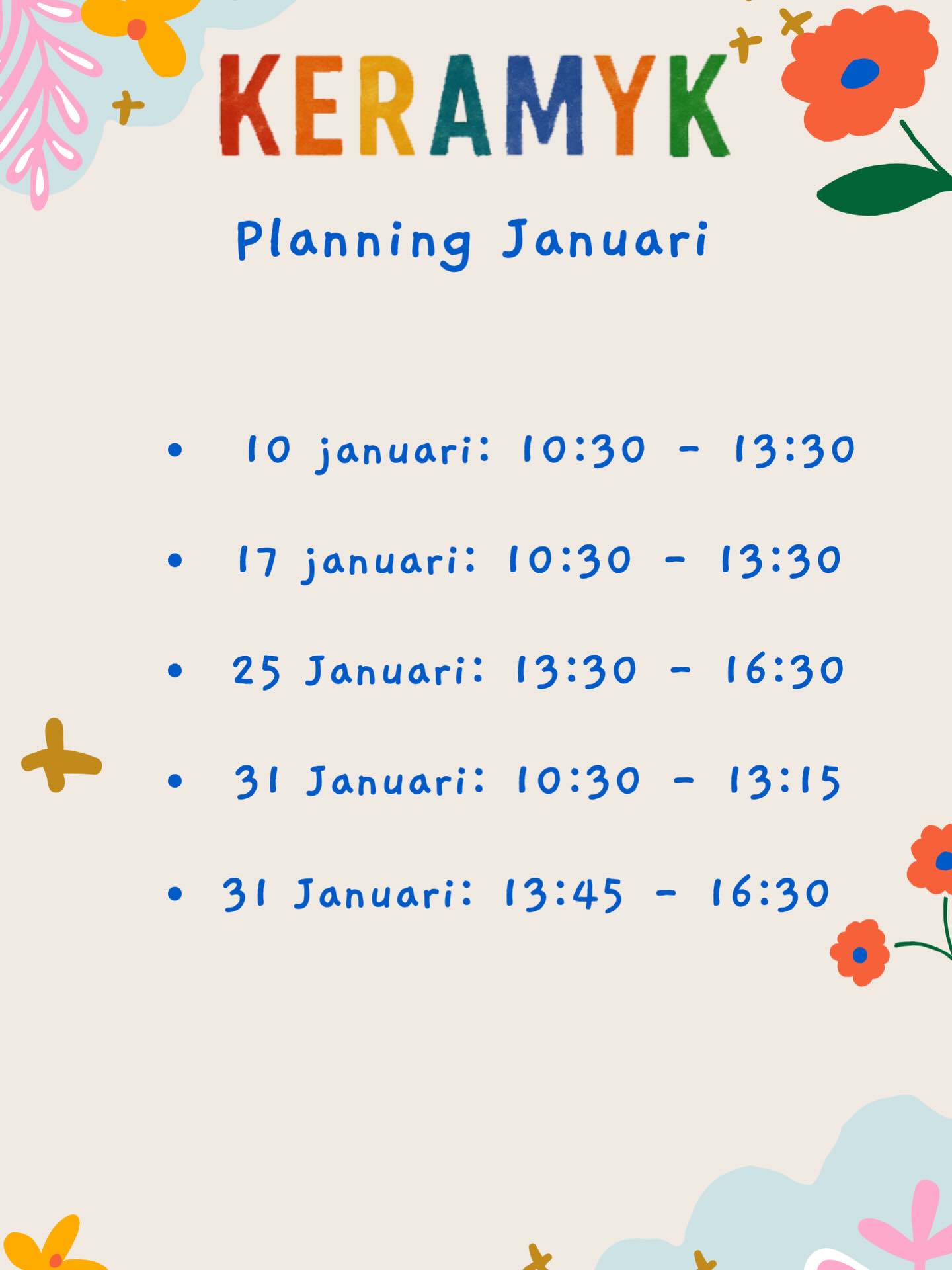 De planning van januari staat open 😊😊 🙌🏻🙌🏻!!
Je plekje kan je via onze website boeken!
Www.keramyk.nl