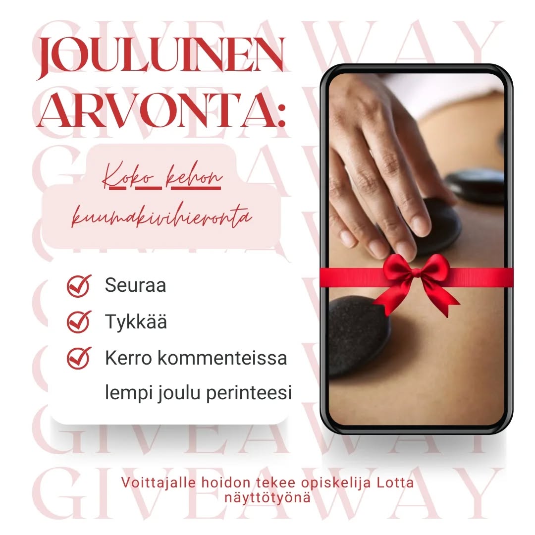 Kaipaatko hemmottelua joulukiireiden keskelle? Nyt sinulla on mahdollisuus rentoutukseen, arvomme nimittäin koko kehon kuumakivihieronnan ennen joulua! ❤️
Hoito on ihana kokonaisuus jossa yhdistyy vartalon kuorinta, lämpimät kivet sekä rentouttava hieronta hoitavalla öljyllä😍
Hoidon sinulle toteuttaa pian valmistuva kosmetologi opiskelija Lotta, näyttötyönään🙋🏼♀️
Näin osallistut:
1.Seuraa meitä
2.Tykkää julkaisusta
3.Kerro kommenteissa lempi joulu perinteesi
Arvomme voittajan 12.12. Klo 17 mennessä. Hoito tullaan toteuttamaan ensiviikolla eli vko 51 🎅
Onnea arvontaan❤️