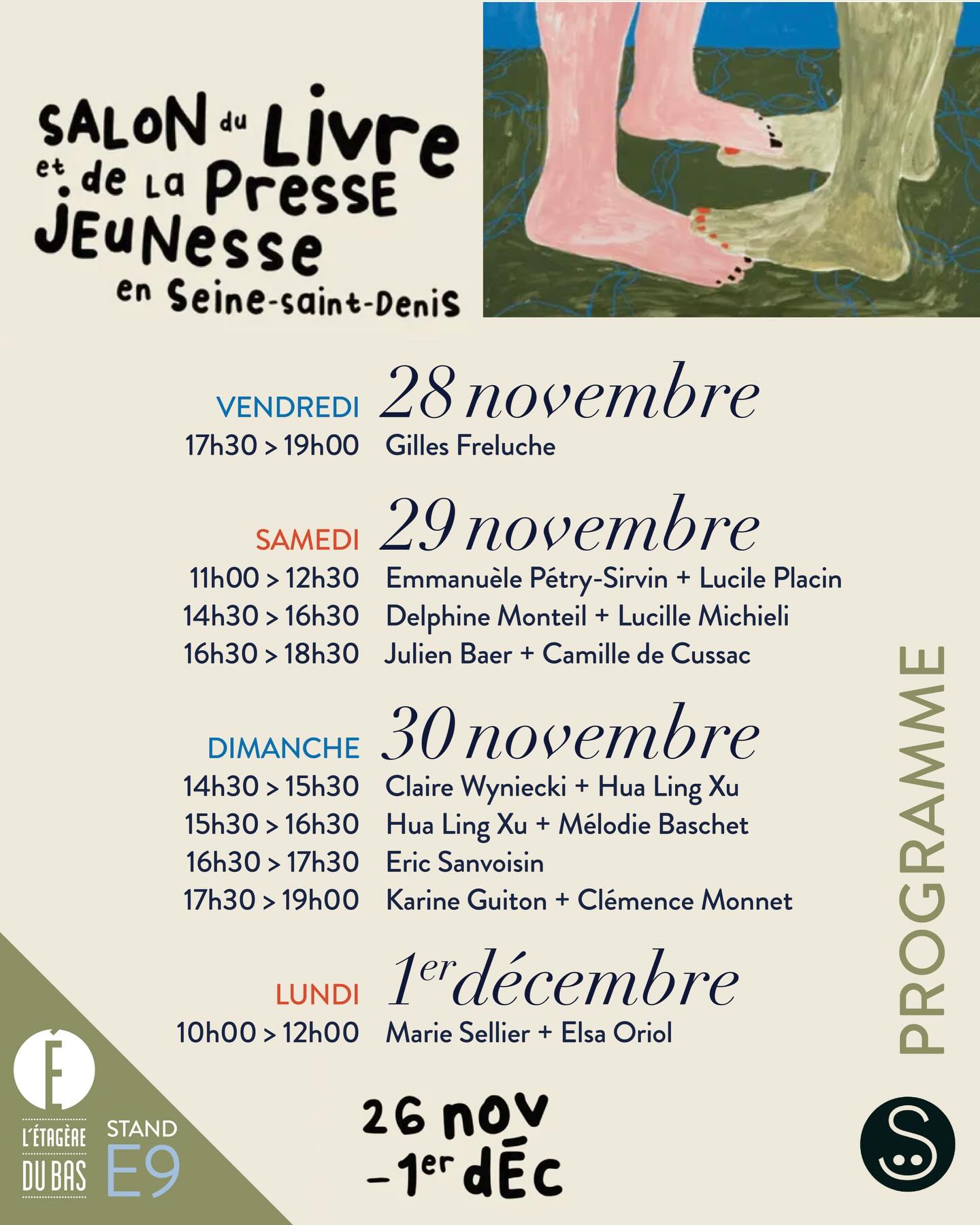 Après le rendez-vous manqué de l’année dernière, nous sommes ravi.e.s de pouvoir participer au @slpj_93 ! Comme il y a deux ans, notre stand est au 1er étage et c’est le E9. Delphine, Mélanie, Fred… ensemble ou séparément, il y a toujours quelqu’un de l’équipe sur le stand du mercredi 26/11 au lundi 01/12. Le programme de dédicaces est bien rempli, nous aurons @gillesfreluche, @emmanuelepetrysirvin, @lucileplacin, @delphine_monteil, @lucillemichieli, Julien Baer, @camille_de_cussac, Claire Wyniecki @choeurcoeur, @hualing_xu, @melodiebaschet, @ericsanvoisinn, @karine_guiton.autrice, @clemencemonnet, @sellier.m et @elsa.oriol. N’hésitez pas à passer nous voir :) #letageredubas #albumjeunesse #slpj #montreuil #salondulivre #litteraturejeunesse #editionindependante