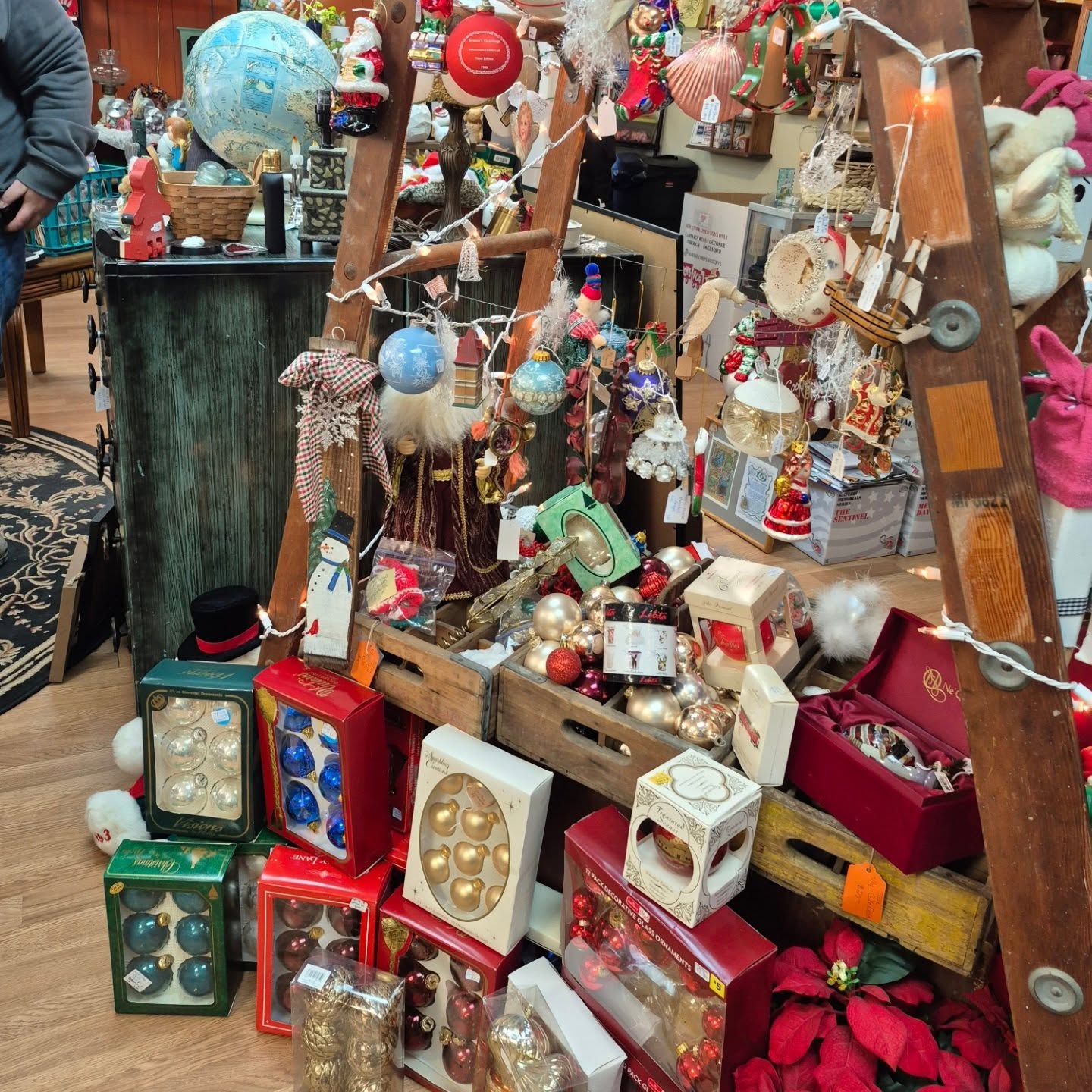 We have ornaments, Christmas balls, garland and more! All inexpensive and ON SALE! Open today until 3pm! Tuesday 12-6, Wed-Fri 10am-5pm, Sat 10-3 and Sunday (starting in Dec) 12-4!