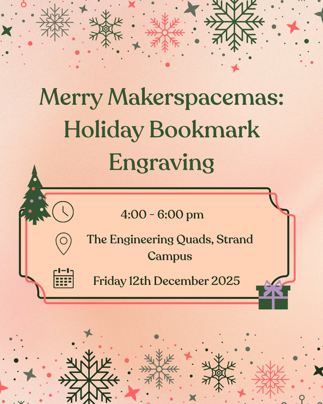 ⨠Merry Makerspacemas is here! āØ
Take a well-deserved breather before the end-of-term chaos and join us for a cozy Holiday Bookmark Engraving Session. Whether youāre a seasoned crafter or just looking for a calming break between deadlines, this is the perfect chance to unwind, get creative, and step into the festive spirit āļøš
Youāll be able to design and personalise your own winter-themed bookmarks ā ideal for decorating your holiday reads or gifting. āØš
There is a £2.50 payment for this event to be made via our just giving page in our linktree!