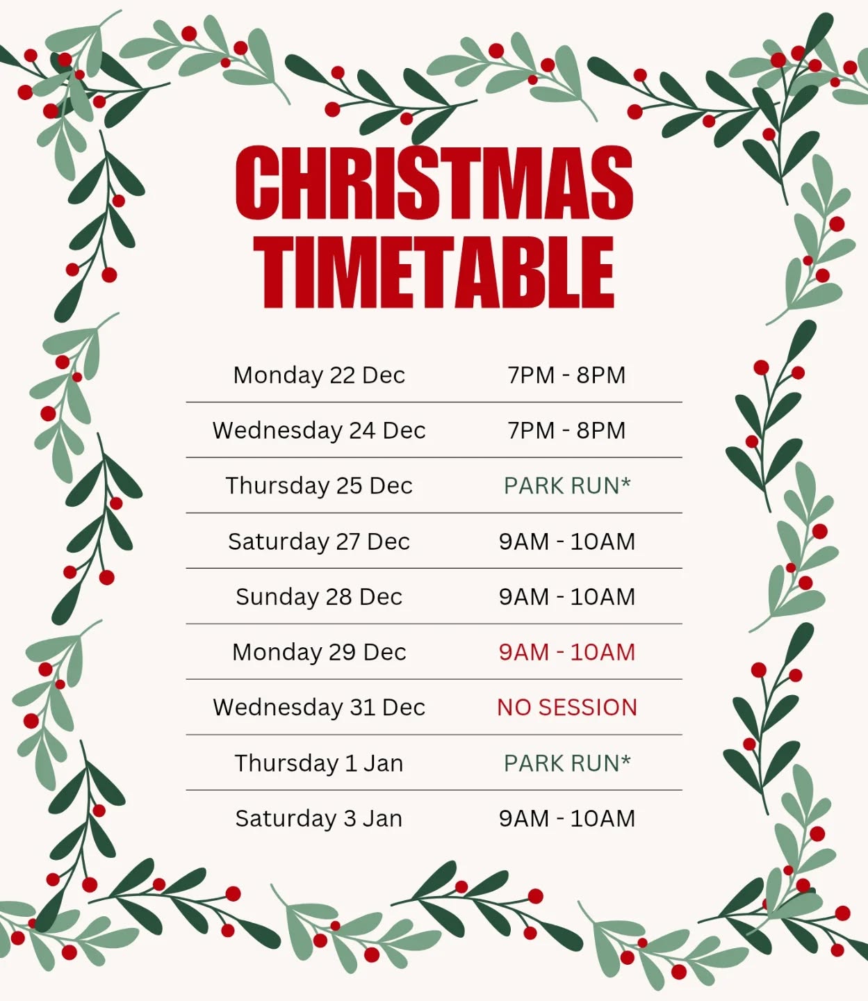 🎄Updated Christmas Timetable🎄Things to note:
⭐CHRISTMAS EVE - ON AS USUAL
⭐CHRISTMAS DAY - Not a usual session day, but some of us will be meeting for Park Run at 08:50am by the clock tower for 9am start. All welcome.
⭐Mon 29th JAN - Morning Session 9am-10am instead of evening, due to Argyle playing at Home.
⭐NEW YEARS EVE - NO SESSION
Usual timetable resumes from 3rd Jan. Merry Christmas 🎄🍾🎅