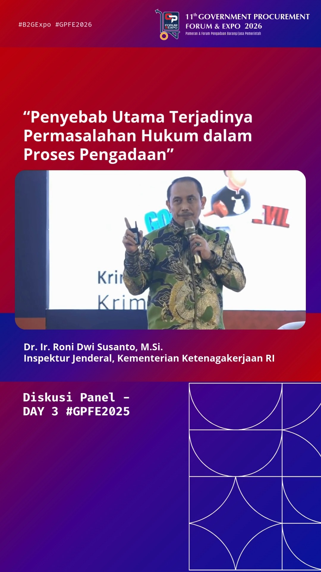 Selamat memperingati Hari Anti Korupsi Sedunia 2025!
Integritas adalah kunci utama terciptanya pengadaan yang transparan, adil, dan berdampak bagi masyarakat.
Semangat ini juga menjadi sorotan di Day 3 GPFE 2025 yang lalu, melalui diskusi panel bertajuk:
“Penyebab Utama Terjadinya Permasalahan Hukum dalam Proses Pengadaan”
oleh Dr. Ir. Roni Dwi Susanto, M.Si. – Inspektur Jenderal Kementerian Ketenagakerjaan RI, yang menegaskan pentingnya tata kelola dan kepatuhan dalam setiap tahapan PBJ.
Sebagai ekosistem nasional pengadaan, GPFE terus mendorong praktik PBJ yang bersih, bebas konflik kepentingan, dan berorientasi pada akuntabilitas publik.
Karena pengadaan yang jujur adalah fondasi Indonesia yang maju dan terpercaya.
Mari bersama menolak korupsi, memperkuat integritas, dan membangun pengadaan yang lebih bersih.
Update ilmu pengadaan barang/jasa pemerintah dari sisi regulasi maupun sistem e-katalog bagi para penyedia maupun pelaku pengadaan barang/jasa pemerintah pada #GPFE2026 mendatang, follow akun Instagram kami untuk dapatkan info selanjutnya!
#HariAntiKorupsiSedunia #GPFE2026 #Antikorupsi #IntegritasPengadaan #PBJBersih #GoodGovernance #TransparansiPengadaan #GPFEID