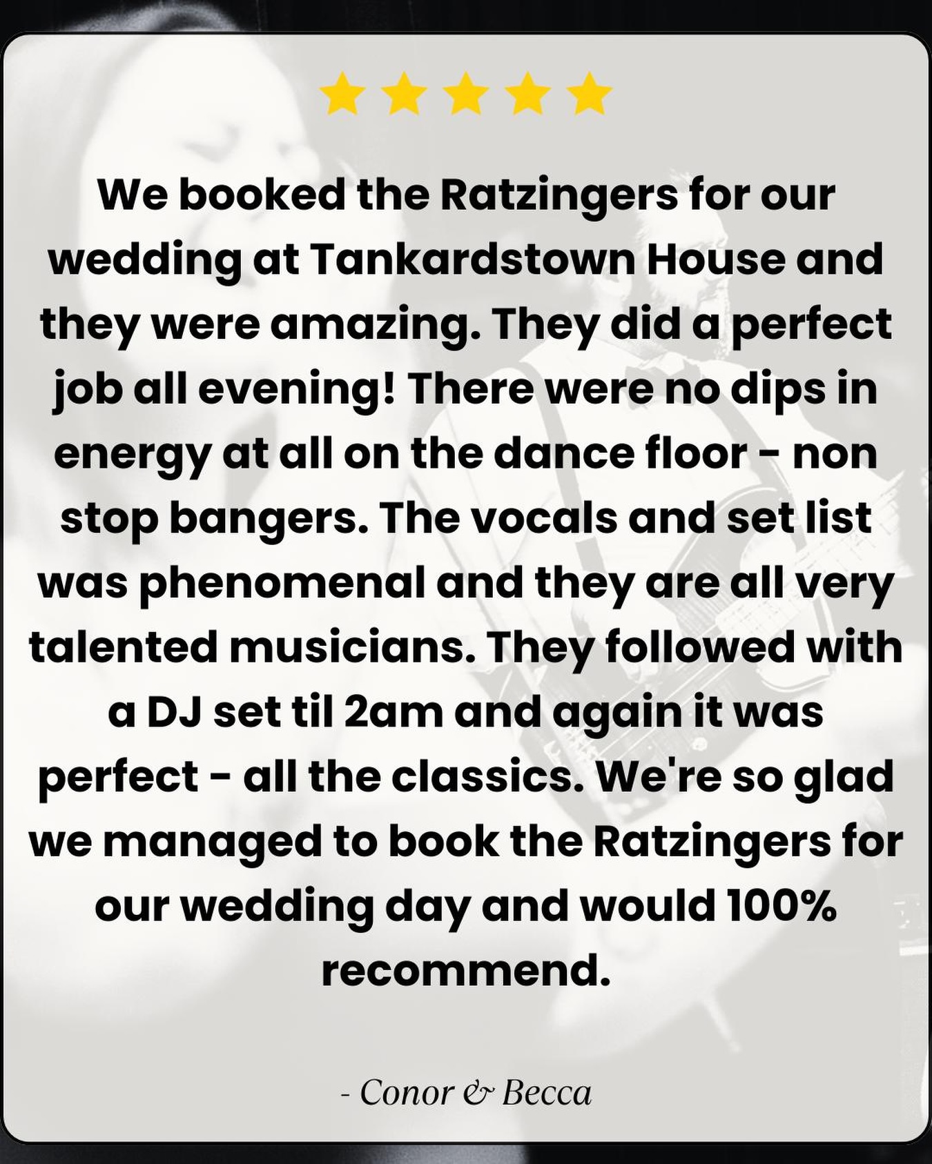 Huge thanks to Conor and Becca for this lovely review and for letting us join in on your special day! We're thrilled you enjoyed it. ❤️
If you've had The Ratzingers at your wedding or event, we'd love it if you left a Google review! 🎸
#weddingband #weddingmusic #weddingbandireland