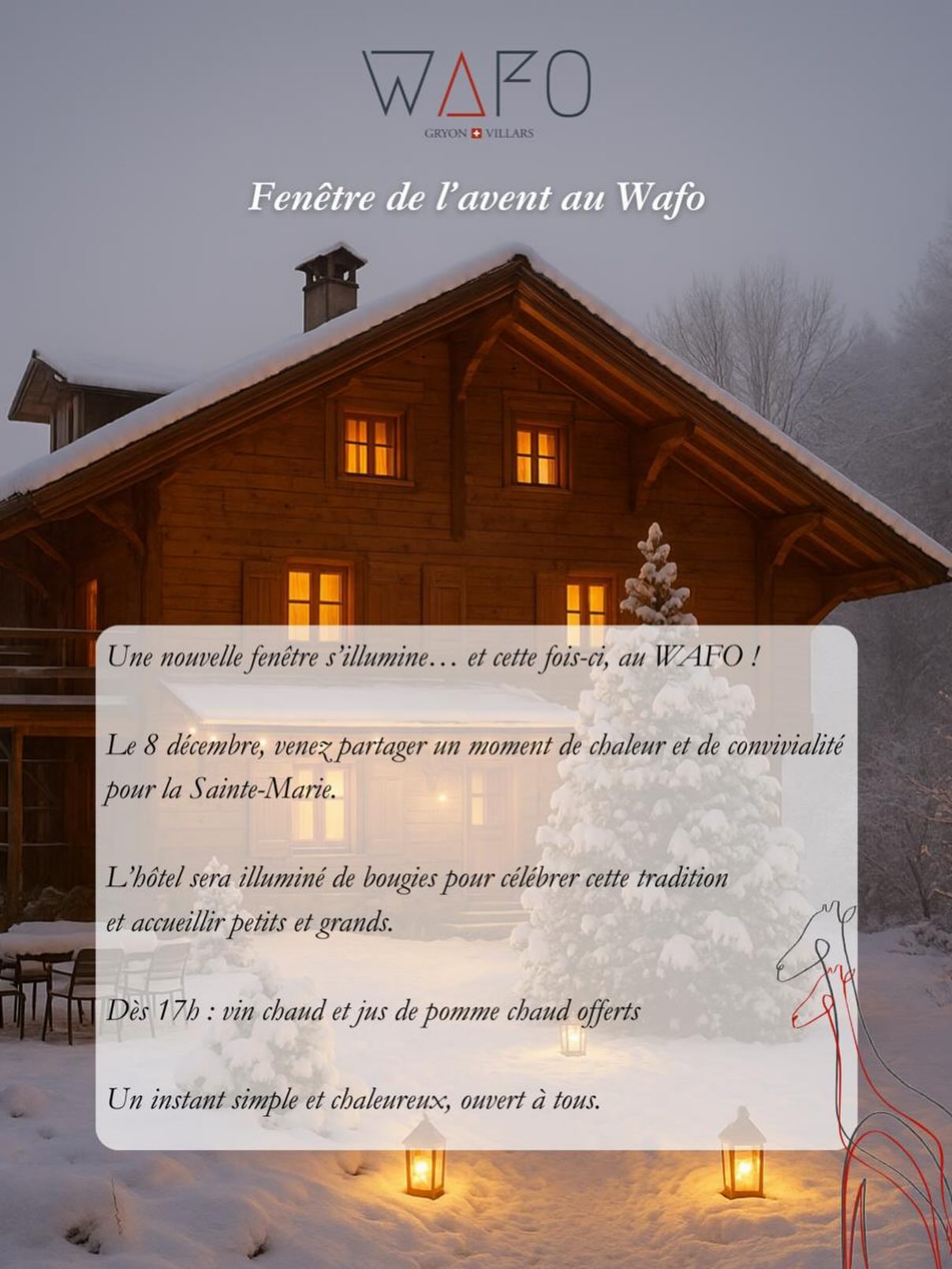 ✨ Fenêtre de l’Avent au Wafo ✨
Ce dimanche 8 décembre, le Wafo s’illumine pour la Sainte-Marie.
Bougies, ambiance chaleureuse et moment convivial ouvert à tous.
Dès 17h : vin chaud et jus de pomme chaud offerts.
Un instant à partager en famille ou entre amis !❄️🕯️