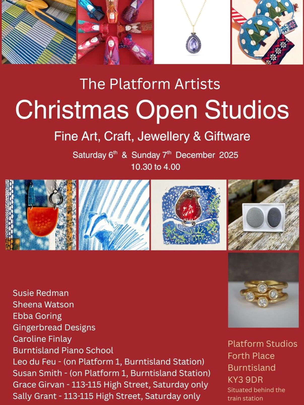 Next up here @studiosplatform is our OPEN STUDIOS on
Saturday 6th and Sunday 7th December
10.30 ~ 4.00
Hope you can make it along to visit my studio with my jewellery @car0fin and prints @ebbandflowprint and my lovely maker/artist neighbours
@susieredman
@ebbagoring
@gingerbread_designs_fife
@leodufeu
@susanscrowsnest
@gracegirvanjewellery
@sallygrantjewellery
@burntisland_piano_school
Sheena Watson