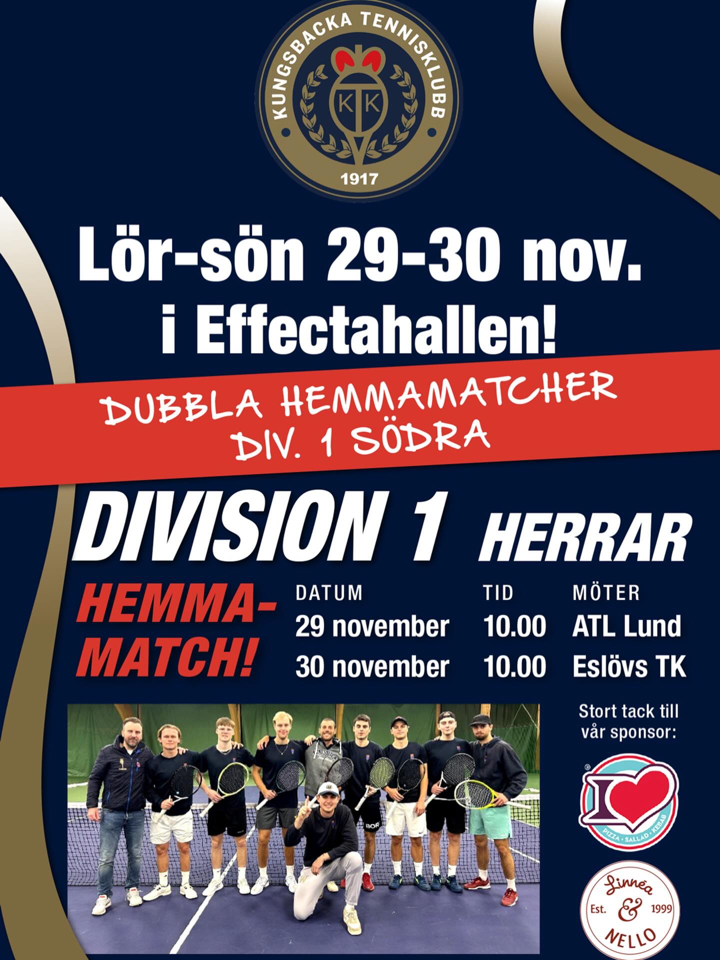 Vi räknar ner! Den 29-30/11 spelar KTKs herrar hemma mot ATL Lund och Eslövs TK.
Matchstart 10.00 båda dagarna. 🎾🔥
Uppmaning till alla KTKare, nu fyller vi Effectahallen och skapar en magisk stämning tillsammans! 👏🤩