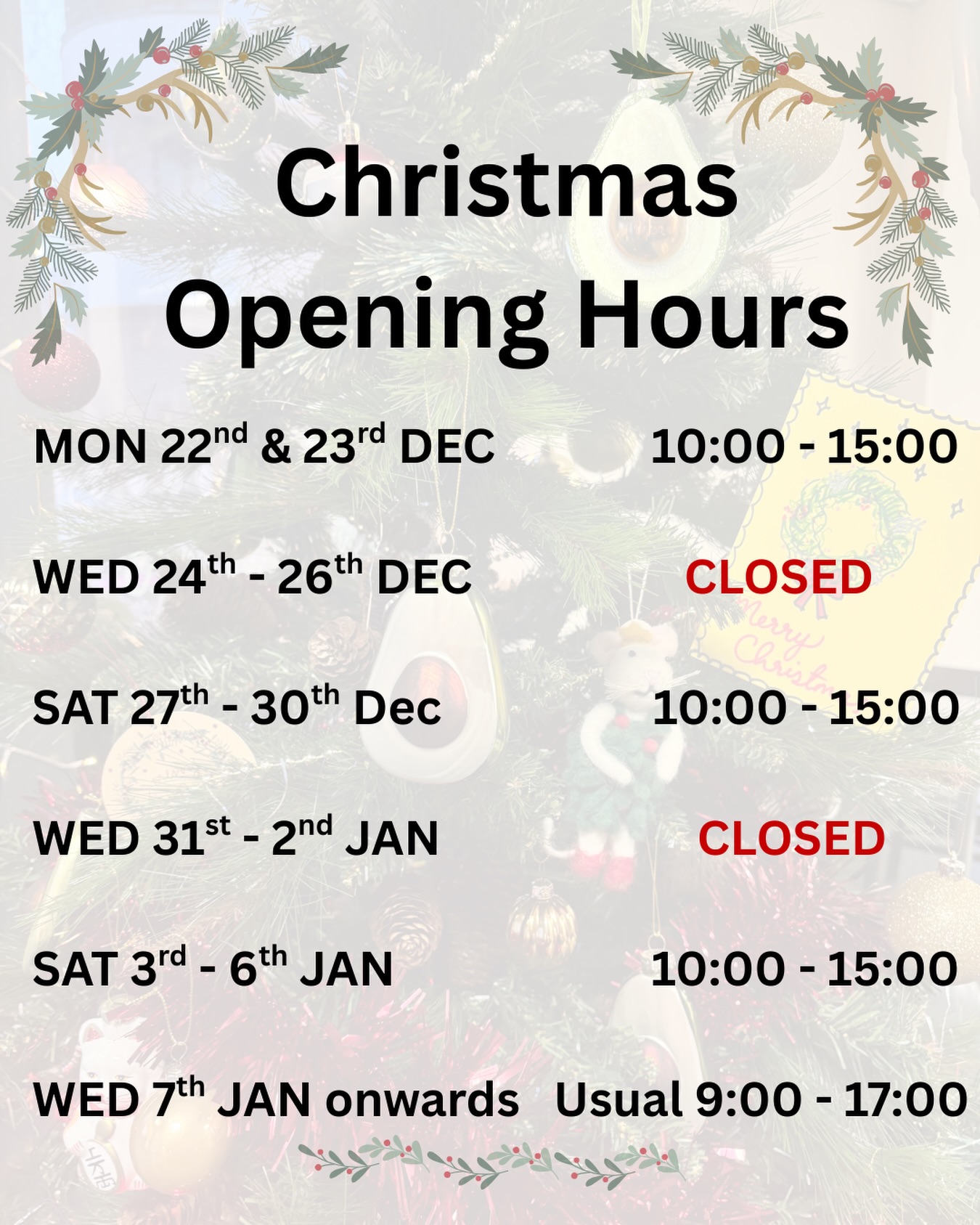 Our Christmas hours are here 🎄!
This week we're open as usual, but from Monday the 22nd of Dec we'll have reduced hours.
We'll be closed for a few days over Christmas and New Year's.
Pop in during our limited hours for your coffee and 🥑 fix!
Need some last-minute gift? We’ve got you covered! Pick up an Avo tote bag for £3, Casa Avo coffee beans from £10, and gift cards in any amount 🤗