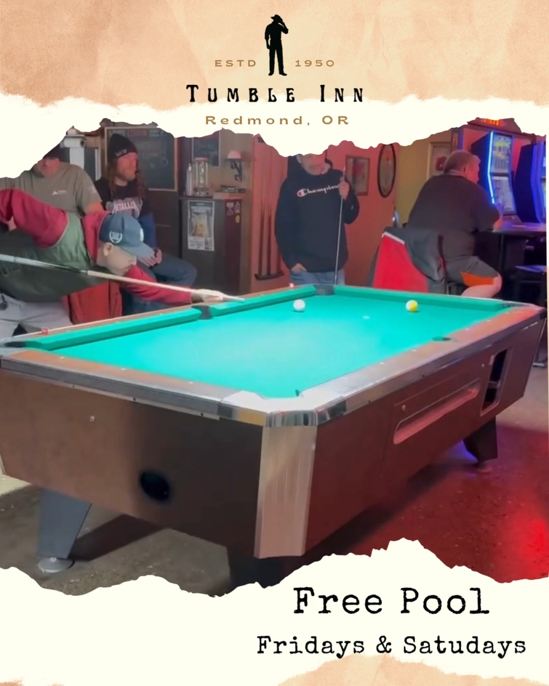 Its Friday, which means cold beer and free pool at your favorite OG Dive Bar. 🍻
#thetumbleinnredmond #DiveBarFun #TumbleInnFamily #TumbleInnRedmond #LocalSpot #RedmondOR #local #thetumbleinn #centraloregon #redmondoregon #RedmondORBars #localsknow #RedmondDiveBar #DiveBarVibes #localhangoutredmond #remondoregon #localbusiness #FreePoolFriday #RedmondPoolPlayers #PoolPlayers #thetumble #FreePoolWeekend #poolnight #RedmondOregon #RackEmUp #PoolBarRedmond