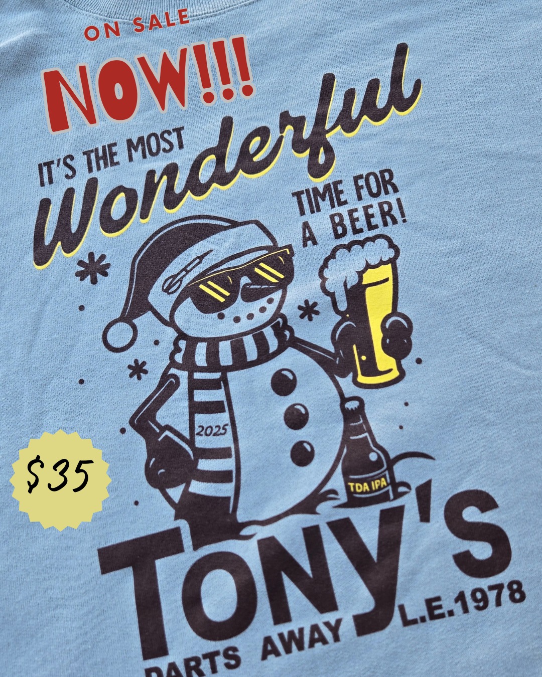 ❄️🍺 Holiday Sweaters Are ON SALE NOW! 🍺❄️
It’s the most wonderful time for a beer — and we’ve got the sweater to prove it. 🎄☃️
Our Tony’s Holiday Sweaters are officially here and ready to keep you cozy while you sip.
🧊Ice-cold style
🍻 Beer-approved
💵 $35
Grab one before they melt away — available now at the bar!
🎨 @trashgoods
#TonysDartsAway #HolidaySweater #ItsTheMostWanderfulTime #BeerSweater #HolidayMerch #Burbank #LABars #CraftBeerLife #WinterDrinks #DrinkLocal