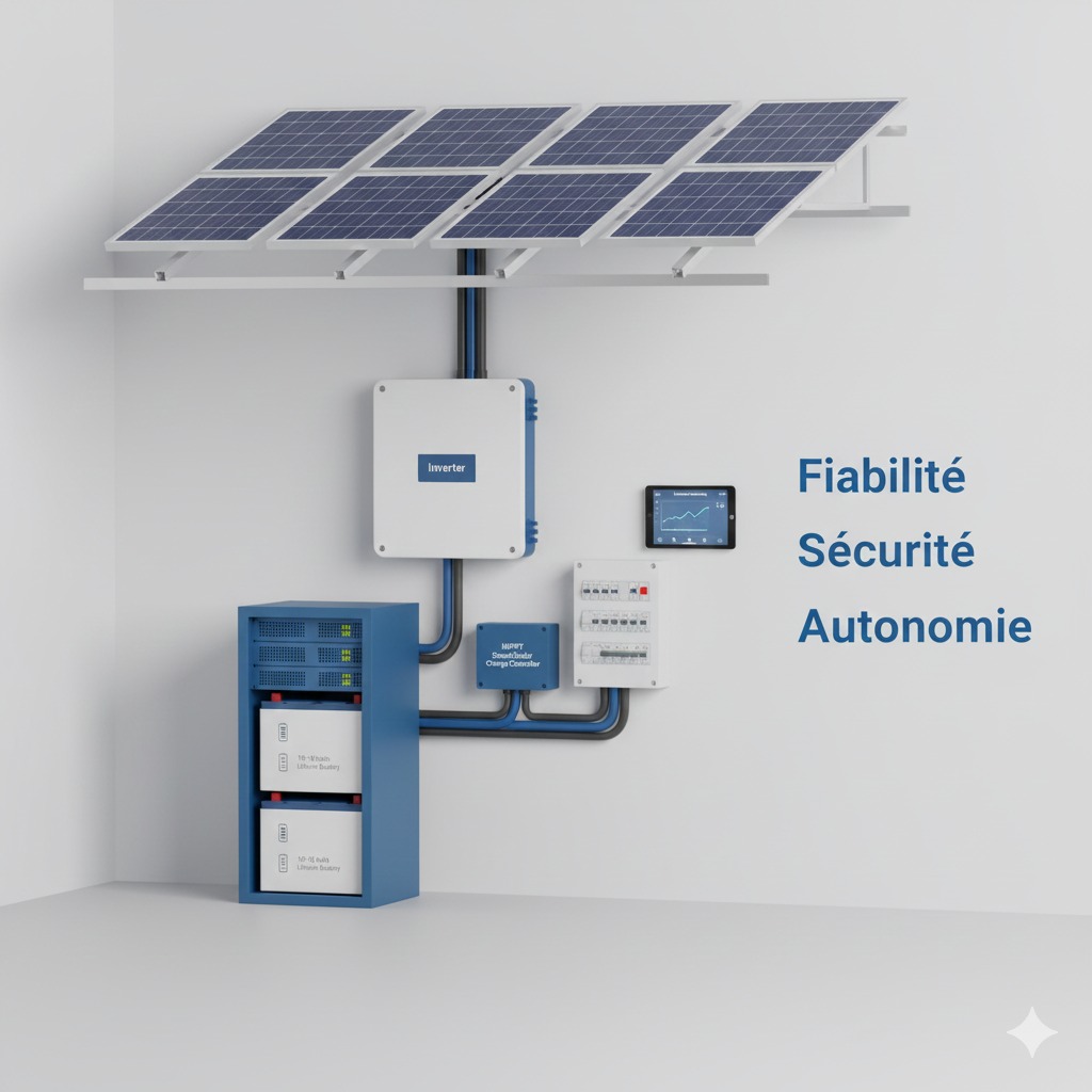 Une installation BlueSpark typique :
• Batterie lithium 10–15 kWh
• Victron Multiplus II
• MPPT SmartSolar
• 4–6 panneaux photovoltaïques
• Tableau circuits essentiels
• Monitoring à distance
Fiabilité. Sécurité. Autonomie.