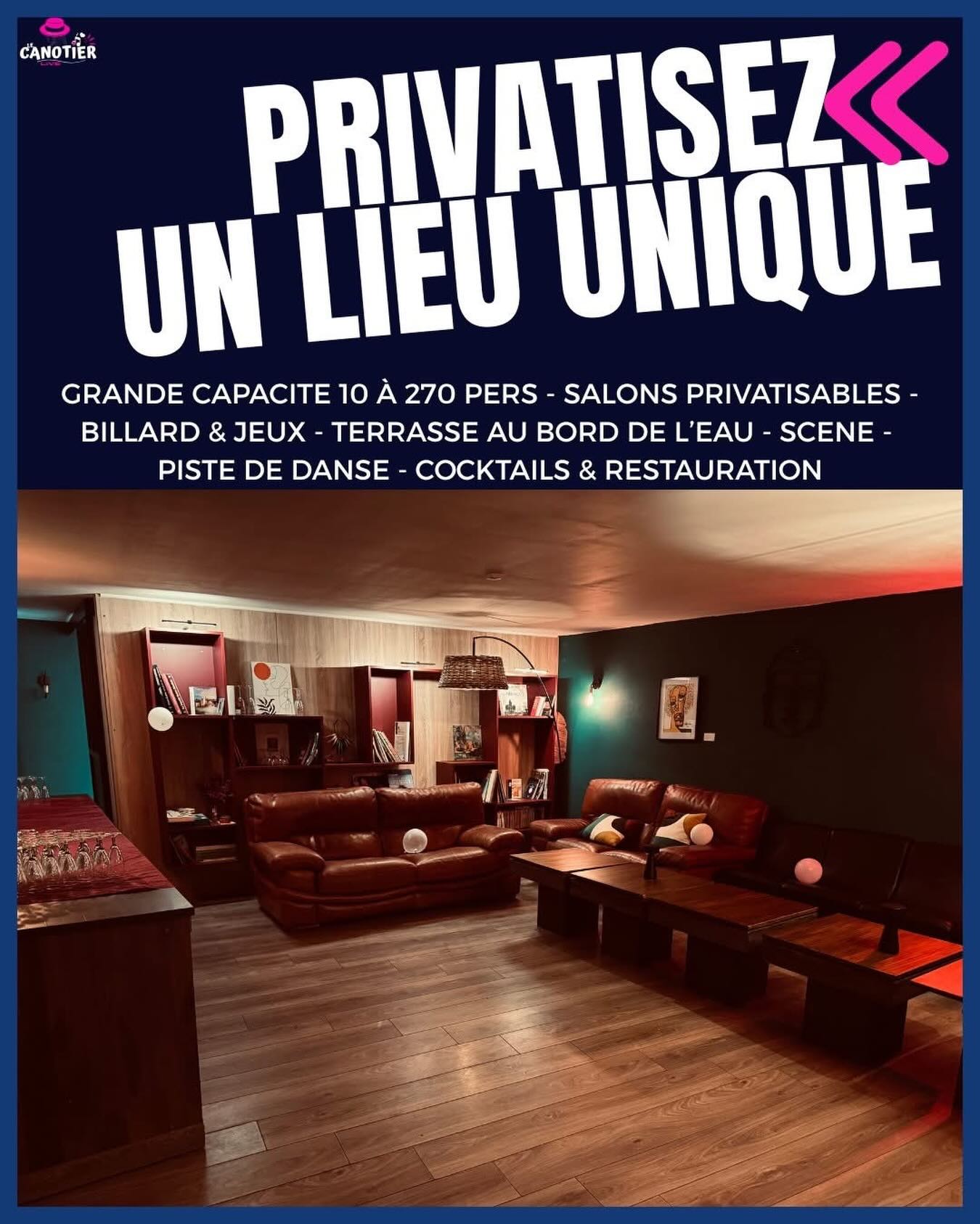 💼 Privatisez un lieu pas comme les autres
Vous cherchez un endroit différent pour vos repas d’équipe, votre soirée de fin d’année, un anniversaire ou un événement pro / perso ?
Un lieu chaleureux, vivant, modulable — loin des salles blanches sans âme et des restaurants trop bruyants ?
🎉 Bienvenue au Canot’
Un lieu unique à Aurillac où l’on peut se retrouver, trinquer, jouer, danser, rire, créer du lien… et vivre un vrai moment ensemble.
Pourquoi ici, c’est différent :
⭐ Jusqu’à 270 personnes — du petit groupe au grand format
⭐ Salons privatisables en mode cosy ou VIP
⭐ Scène équipée (son & lumière) pour discours, concert, DJ, animations
⭐ Espace jeux (billard, ping-pong selon météo) pour briser la glace autrement
⭐ Cocktails signatures & cuisine maison (planches, buffets, apéros d’équipe)
⭐ Parquet pour danser jusqu’au bout de la nuit
⭐ Décor chaleureux, atypique, esprit feel good
⭐ Équipe dédiée pour accompagner votre événement
🎄 Dernière chance pour vos repas de fin d’année !
📍 Quelques créneaux encore disponibles, mais plus pour longtemps
📍 Et janvier se remplit déjà
🟣 Privatisation totale ou partielle selon la taille du groupe
🎤 Micro, scène, playlist ou DJ ?
On s’occupe de tout 😉
📩 Infos & réservations
📞 04 71 62 27 70
🌐 lecanotierlive.fr
📍 Le Canot’ — Aurillac
🤝 Offrez à votre équipe un moment qui change.
Parce qu’ici, on se sent bien. Ensemble.