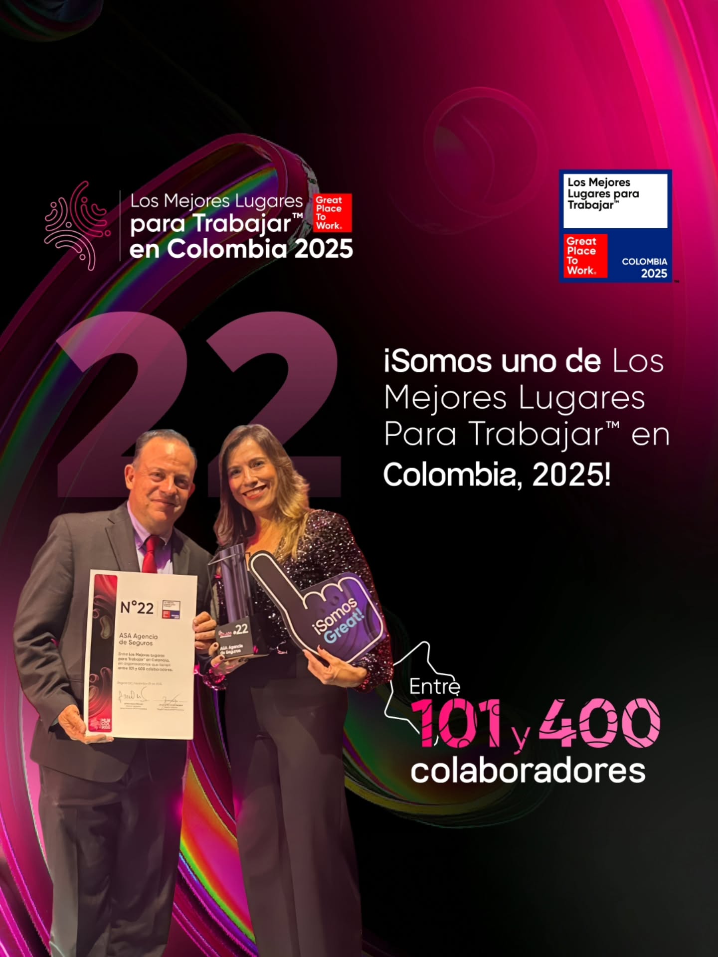 ✨ ¡Estamos de celebración! ✨
El día de ayer recibimos un la noticia de llegar al lugar número 22 del ranking de los Mejores Lugares para Trabajar, otorgado por Great Place to Work®️.
Un logro que nos llena de orgullo…
pero sobre todo, de gratitud. 💙
Porque esta posición no sería posible sin cada una de las personas que hacen parte de ASA.